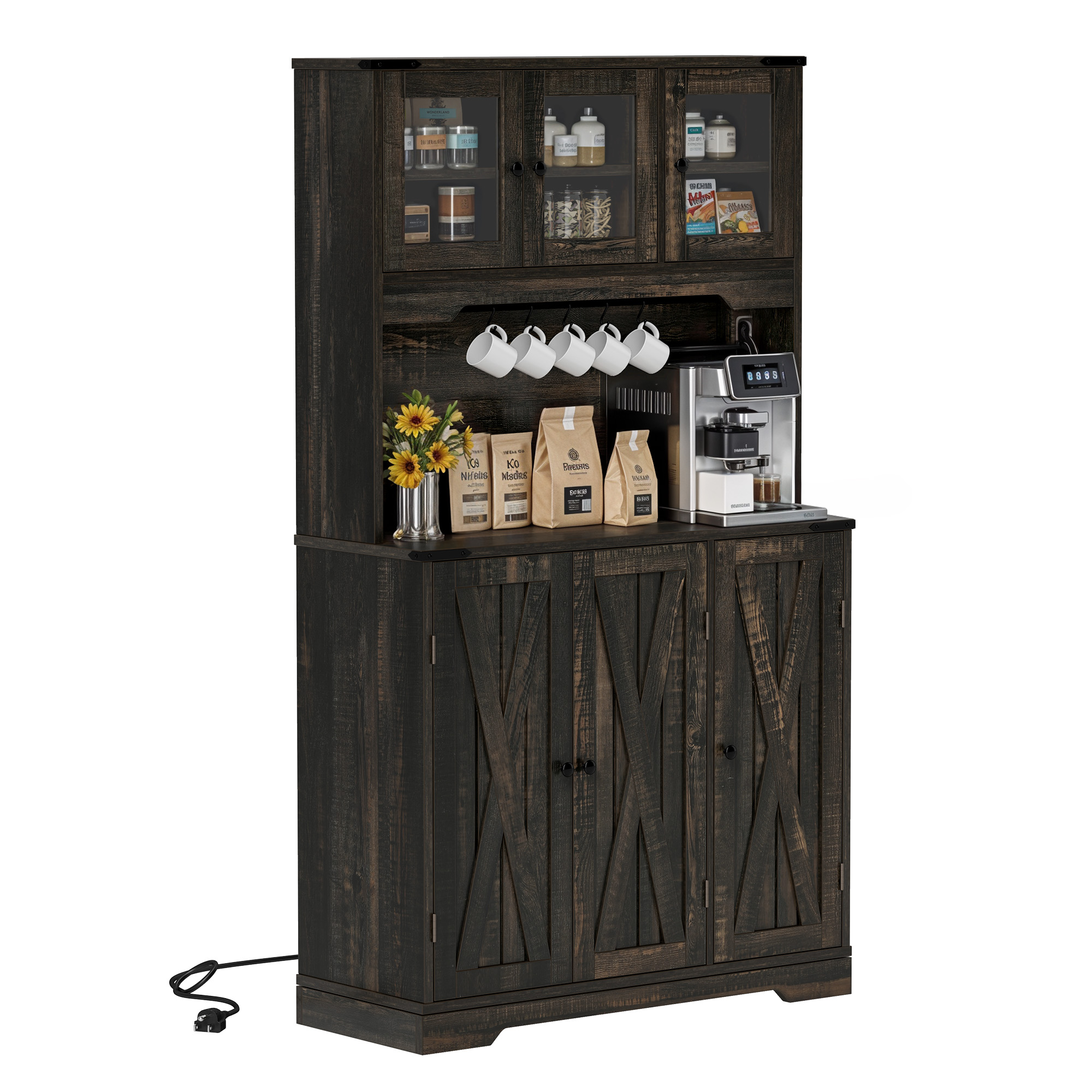 Kitchen Pantry Storage Hutch Cabinet Larder with Charging Station with Drawers - Picture 11 of 26