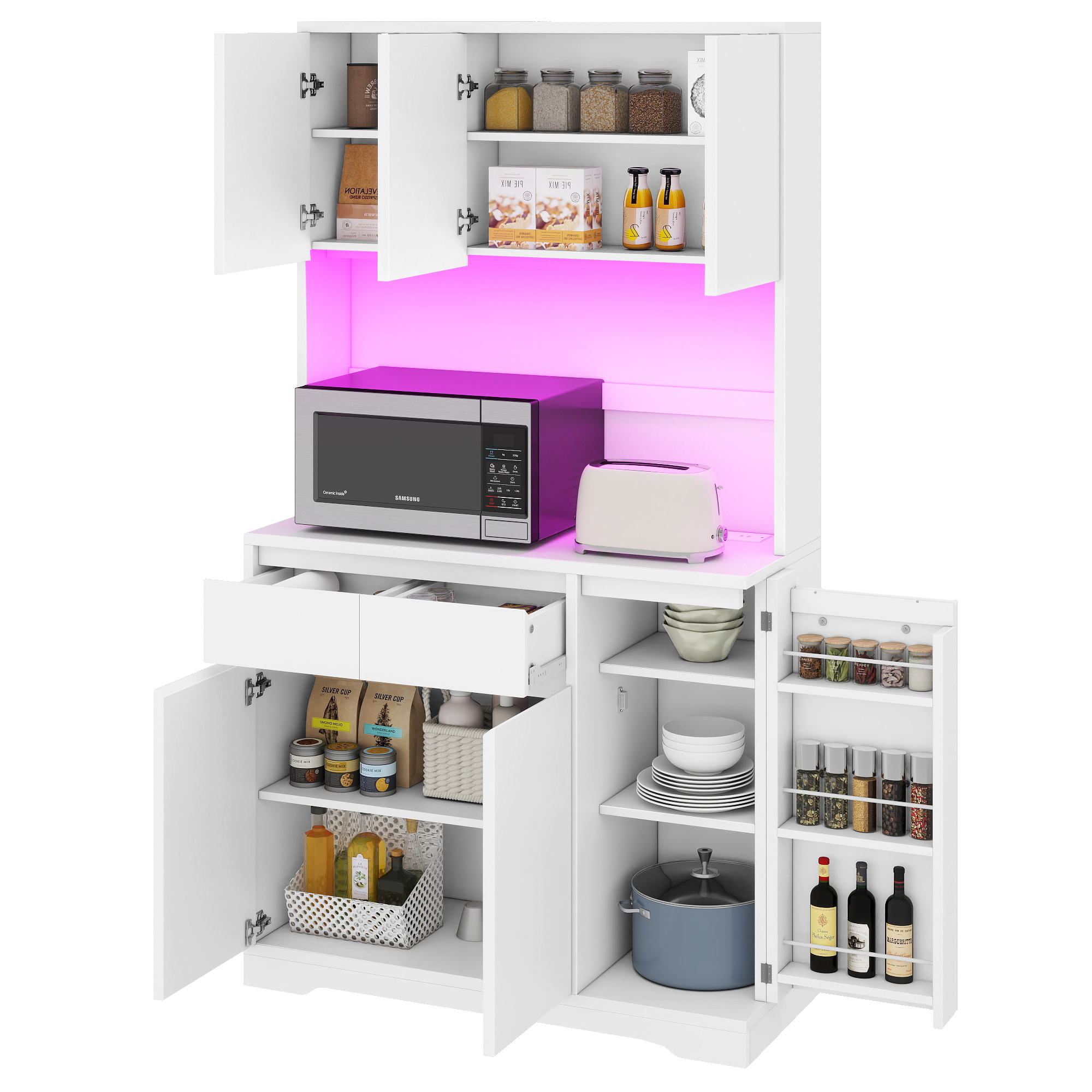 Kitchen Pantry Storage Hutch Cabinet Larder with Charging Station with Drawers - Picture 19 of 26