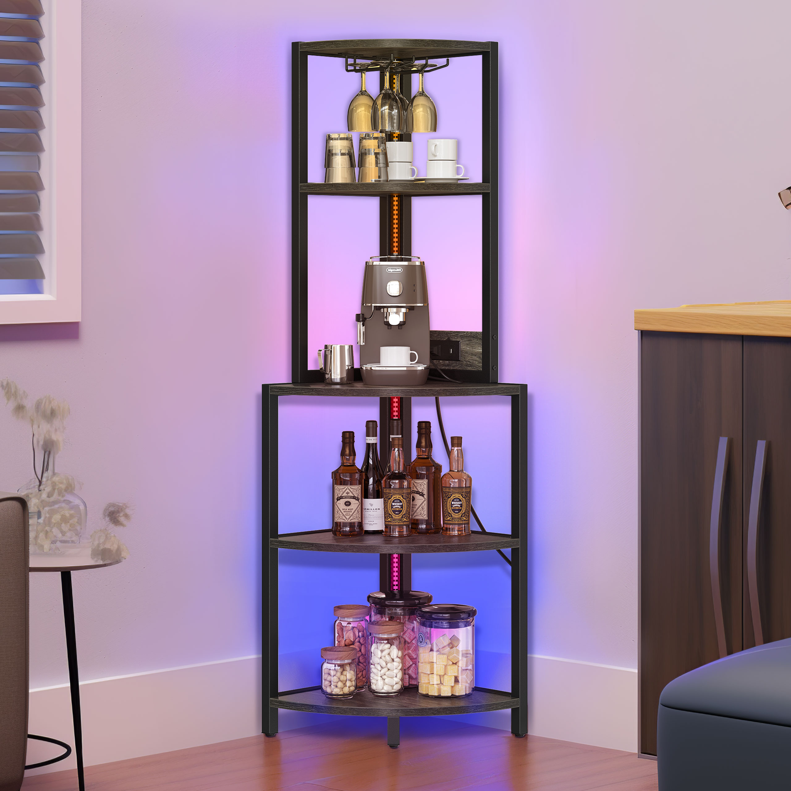 5 Tier Corner Bookcase Shelf w/ Power Outlets LED Lights & Glass Holder Bar Rack - Picture 27 of 27
