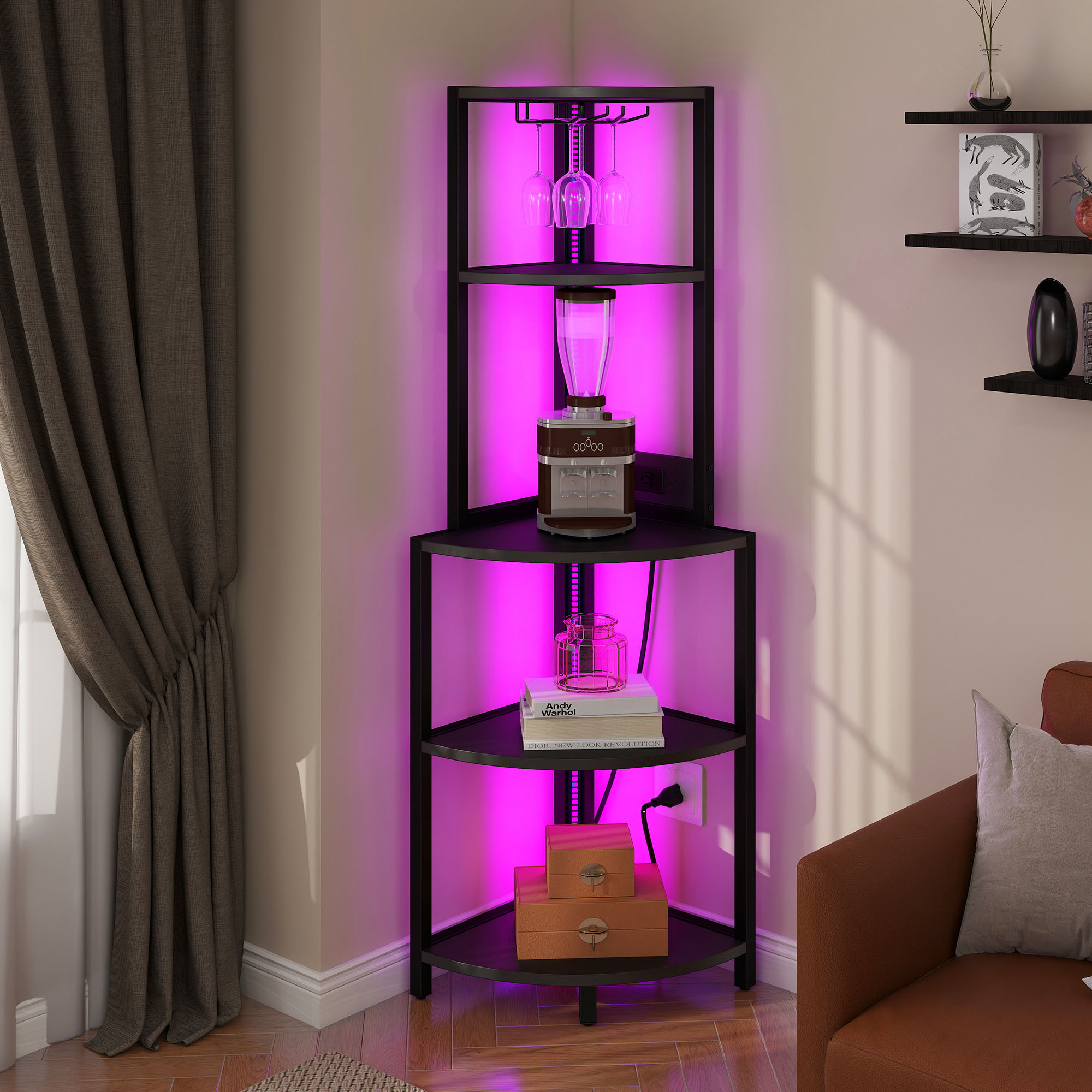 5 Tier Corner Bookcase Shelf w/ Power Outlets LED Lights & Glass Holder Bar Rack - Picture 26 of 27