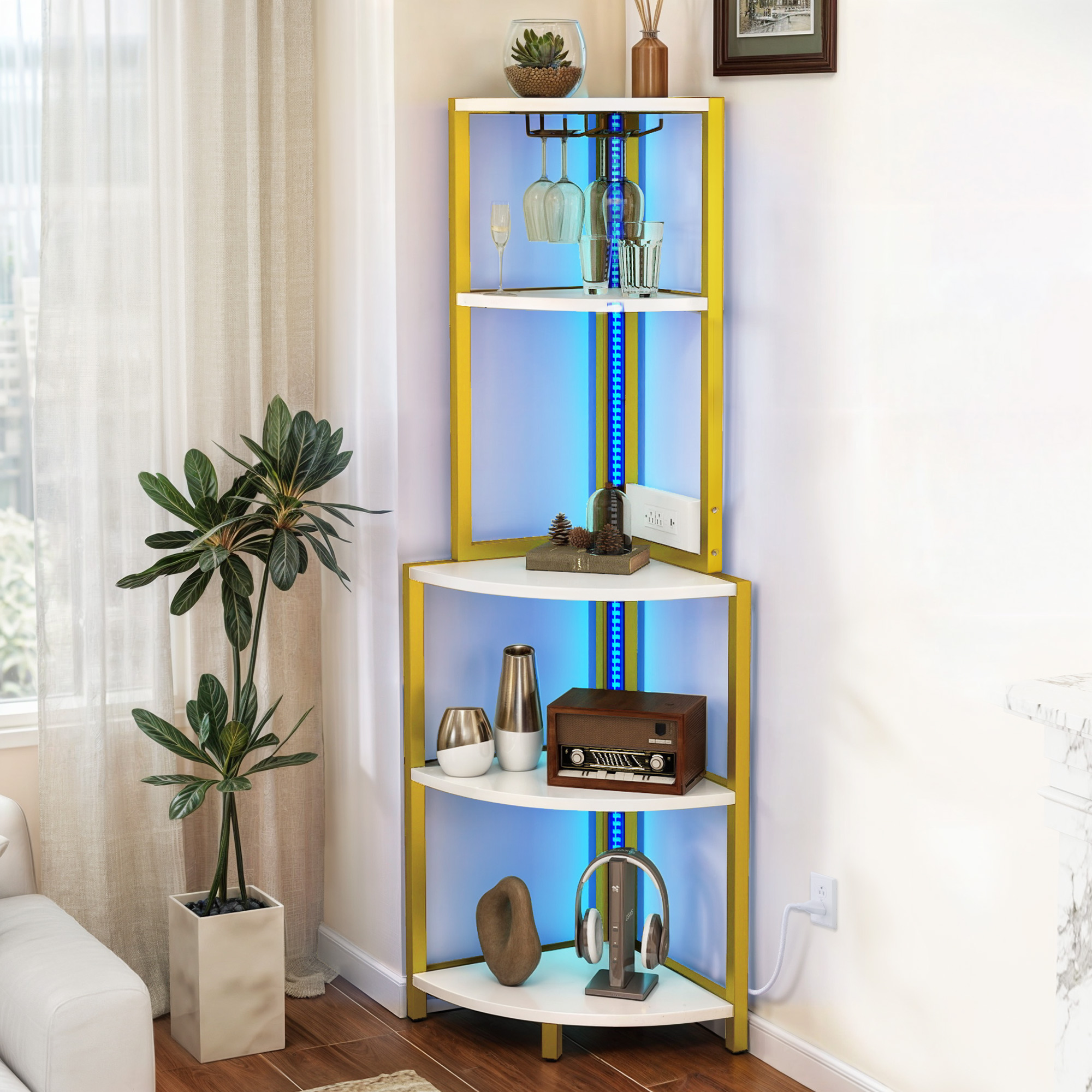 5 Tier Corner Bookcase Shelf w/ Power Outlets LED Lights & Glass Holder Bar Rack - Picture 25 of 27