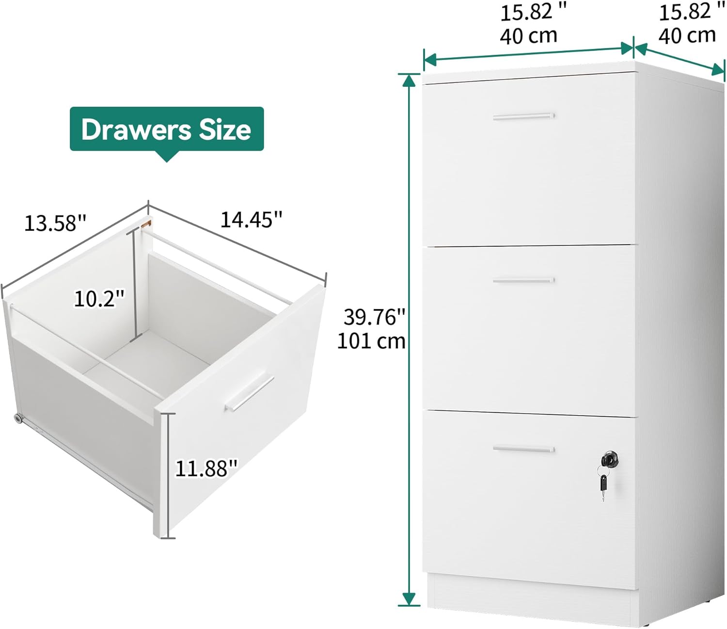 3 Drawer File Cabinet with Lock Filing Storage for Home Office Letter A4 Size