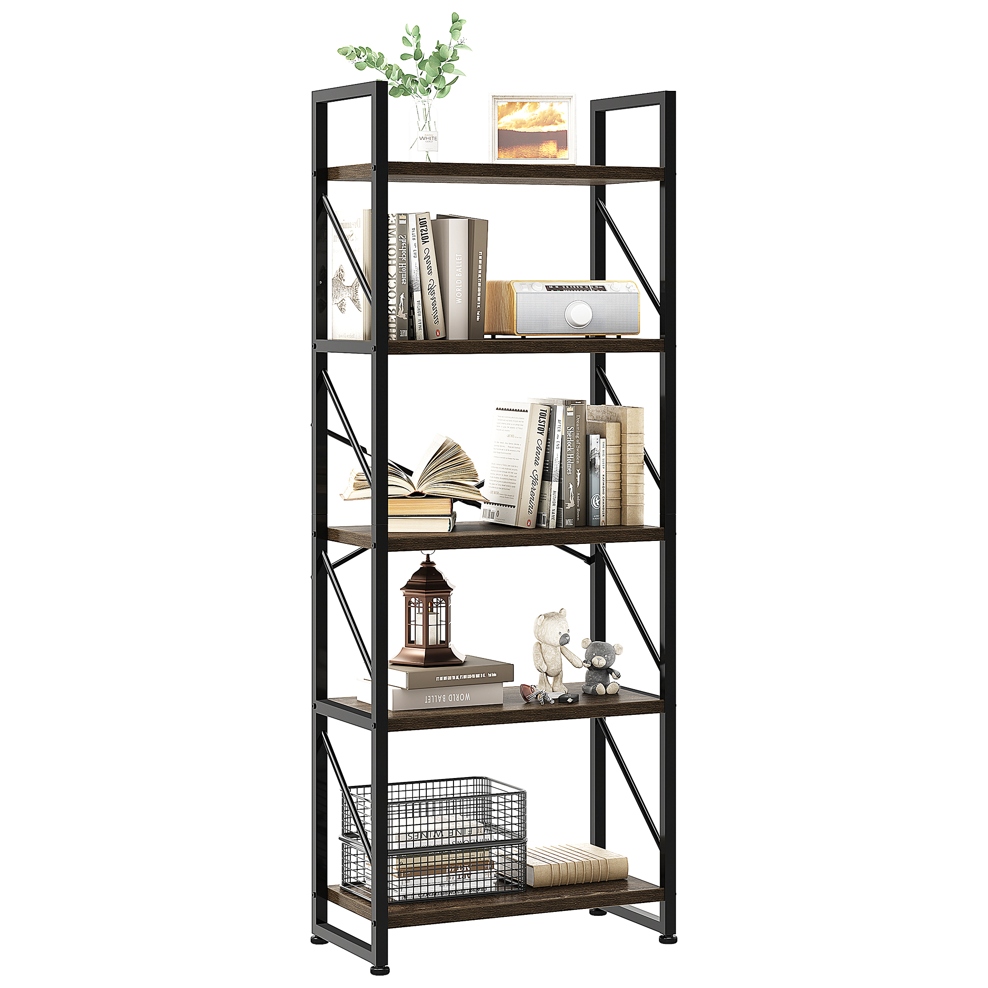 5 Tiers Bookcase Book Shelf Display Storage Rack Shelving Units for Living Room