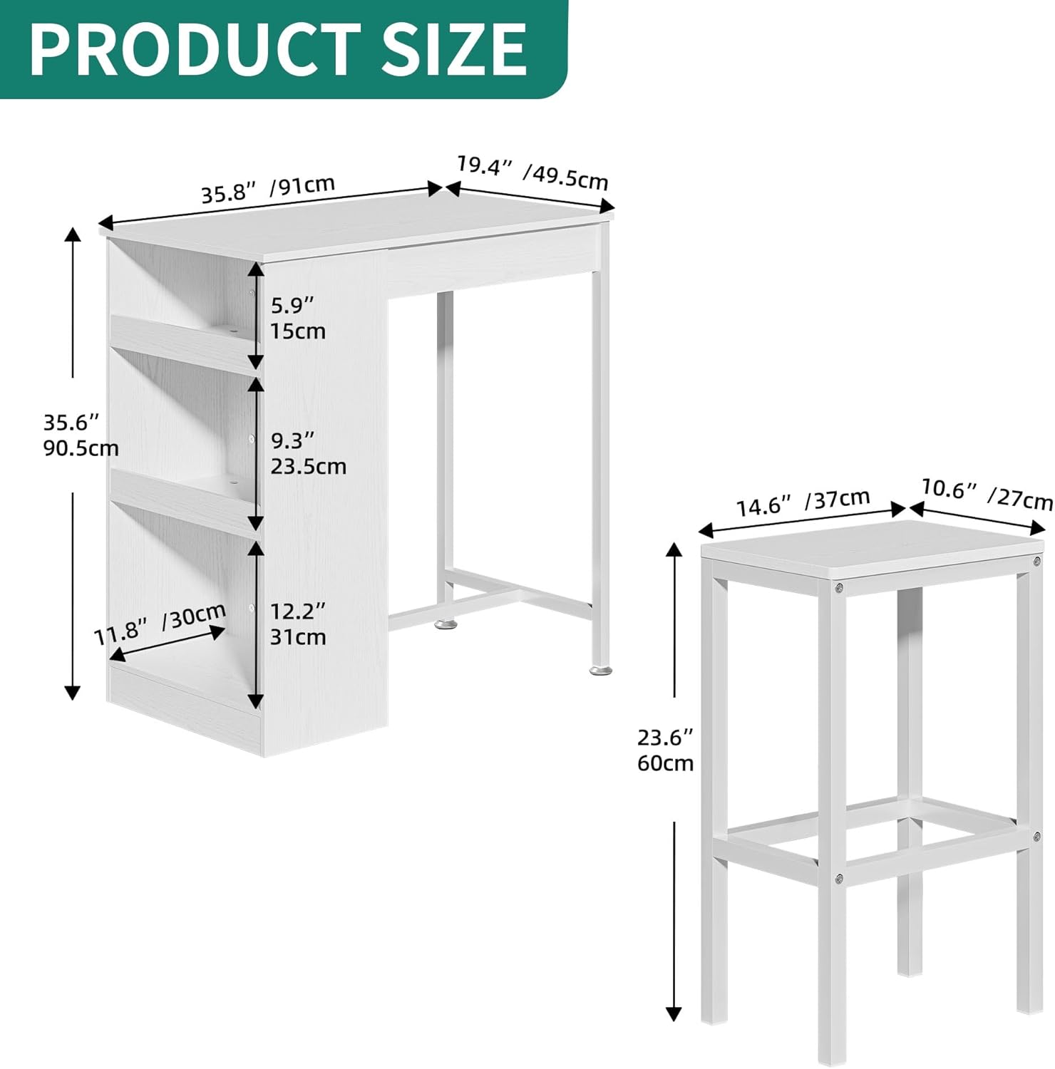 Bar Table Stool Set with Sotage Shelf for Kitchen Dining Room Breakfast Wooden - Picture 7 of 8