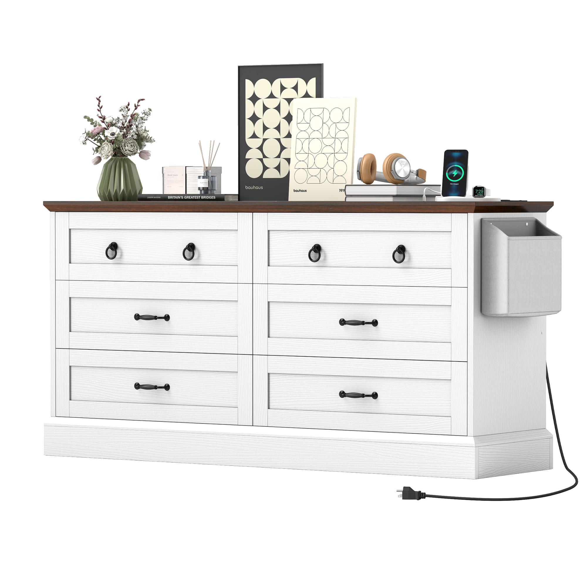 Retro 59 in TV Stand Fits up to 65" TVs with 6 Drawers Storage Dresser Organizer - Picture 10 of 11