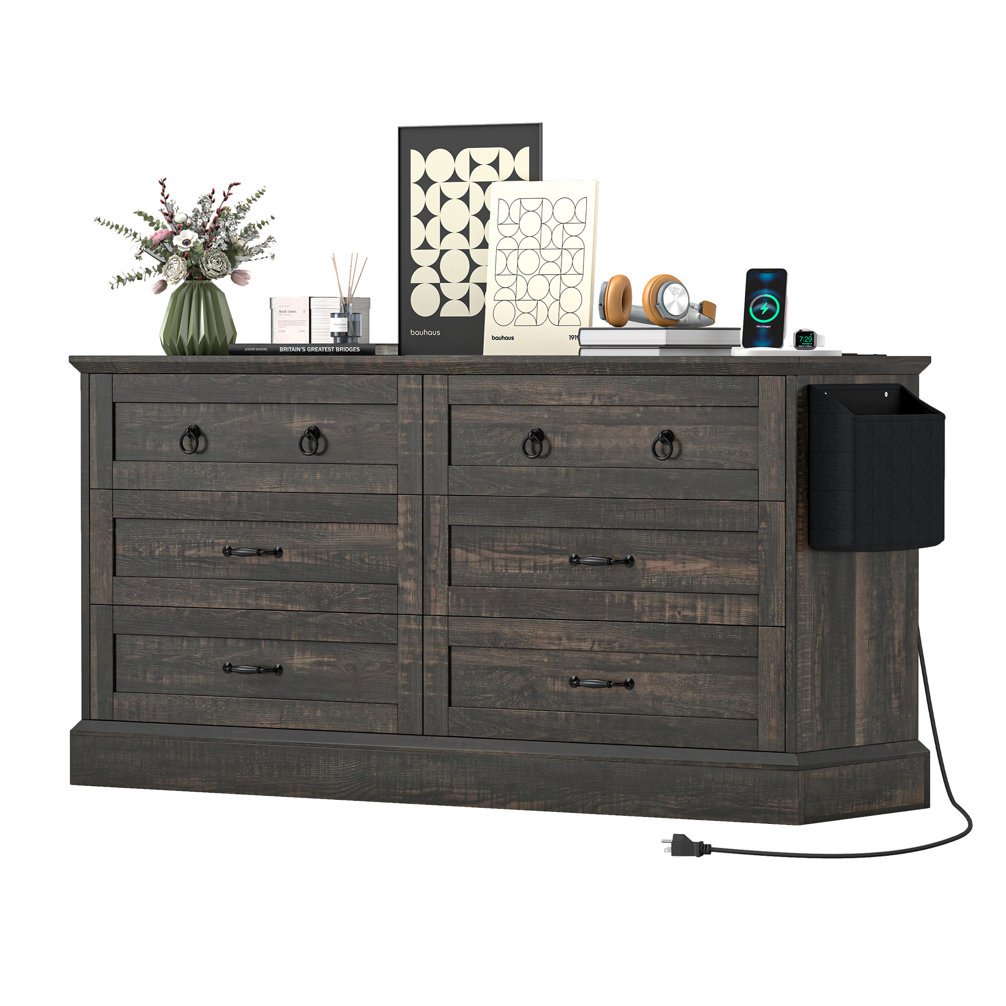 Retro 59 in TV Stand Fits up to 65" TVs with 6 Drawers Storage Dresser Organizer - Picture 11 of 11