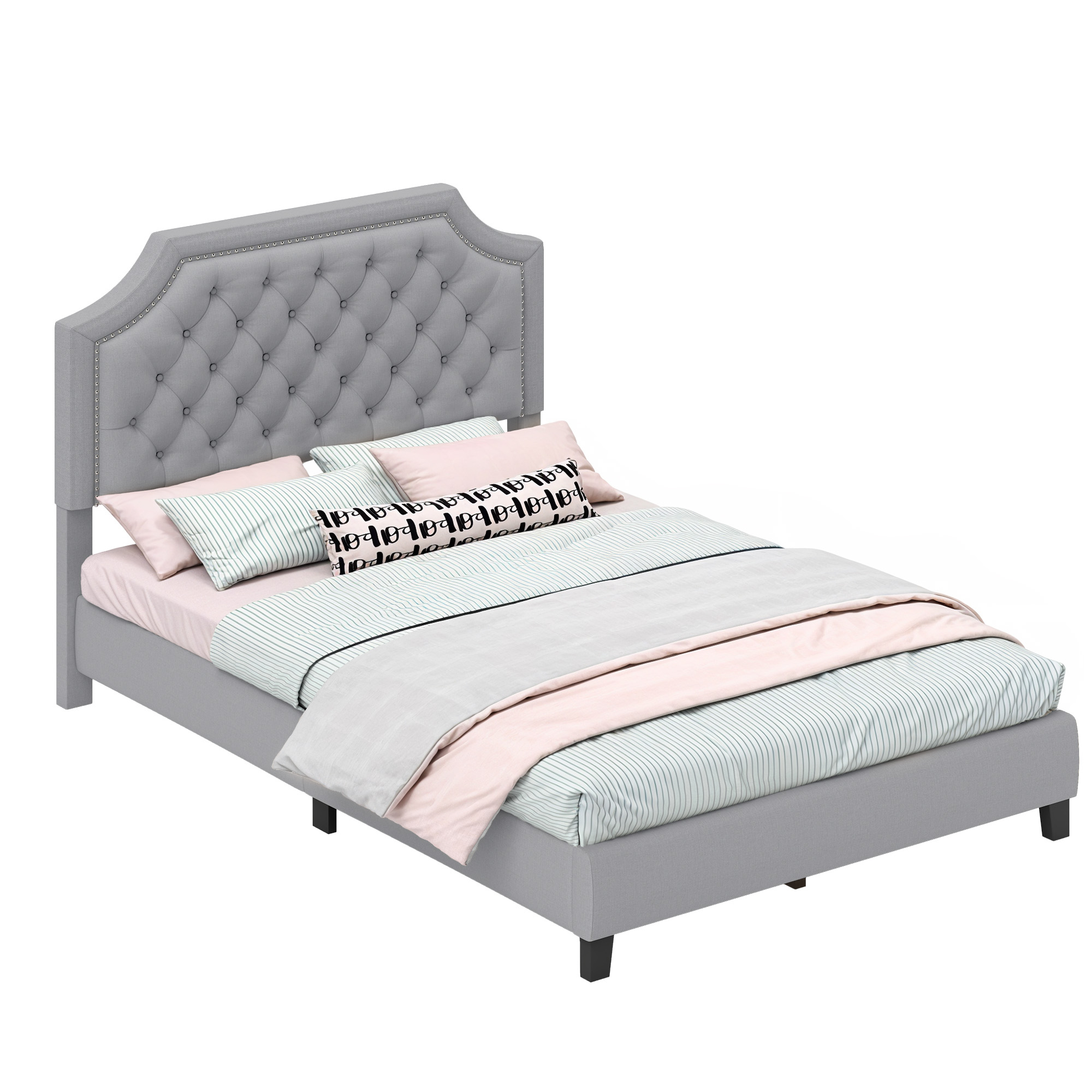 Full Size Linen Upholstered Platform Bed Frame with Adjustable Headboard Bedroom - Picture 17 of 17