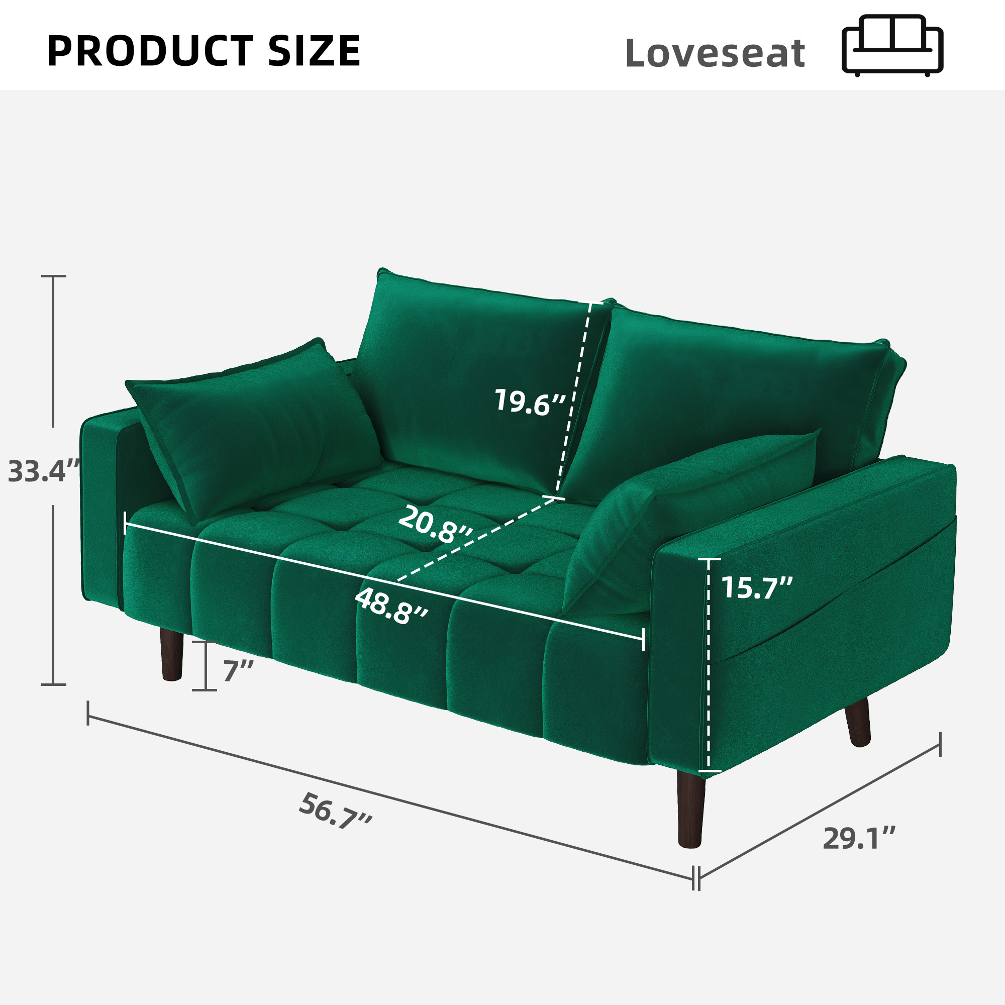 Loveseat Sofa Velvet Fabric Sofa Couch Loveseat w/2 Pillows 2 Seater for Living