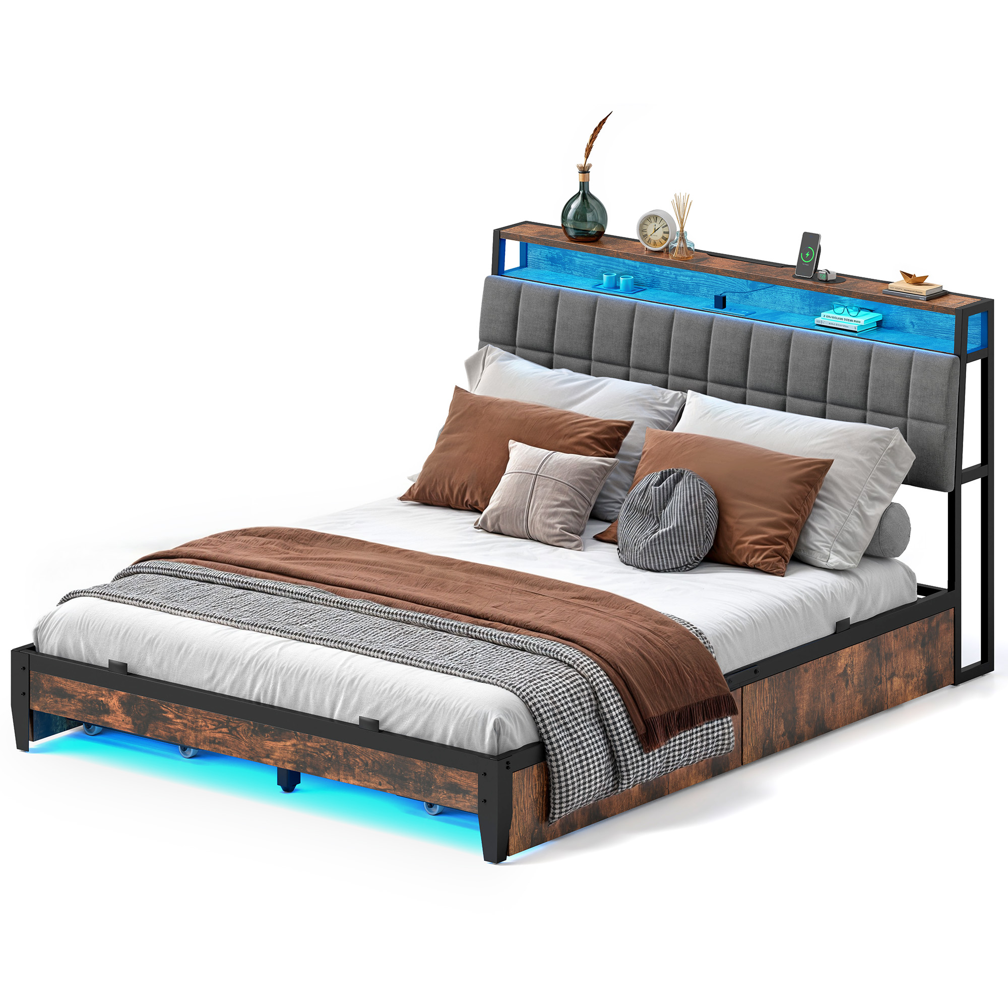 King/Queen/Full Size Bed Frame Upholstered Platform w/RGB LED Lights & 4 Drawers