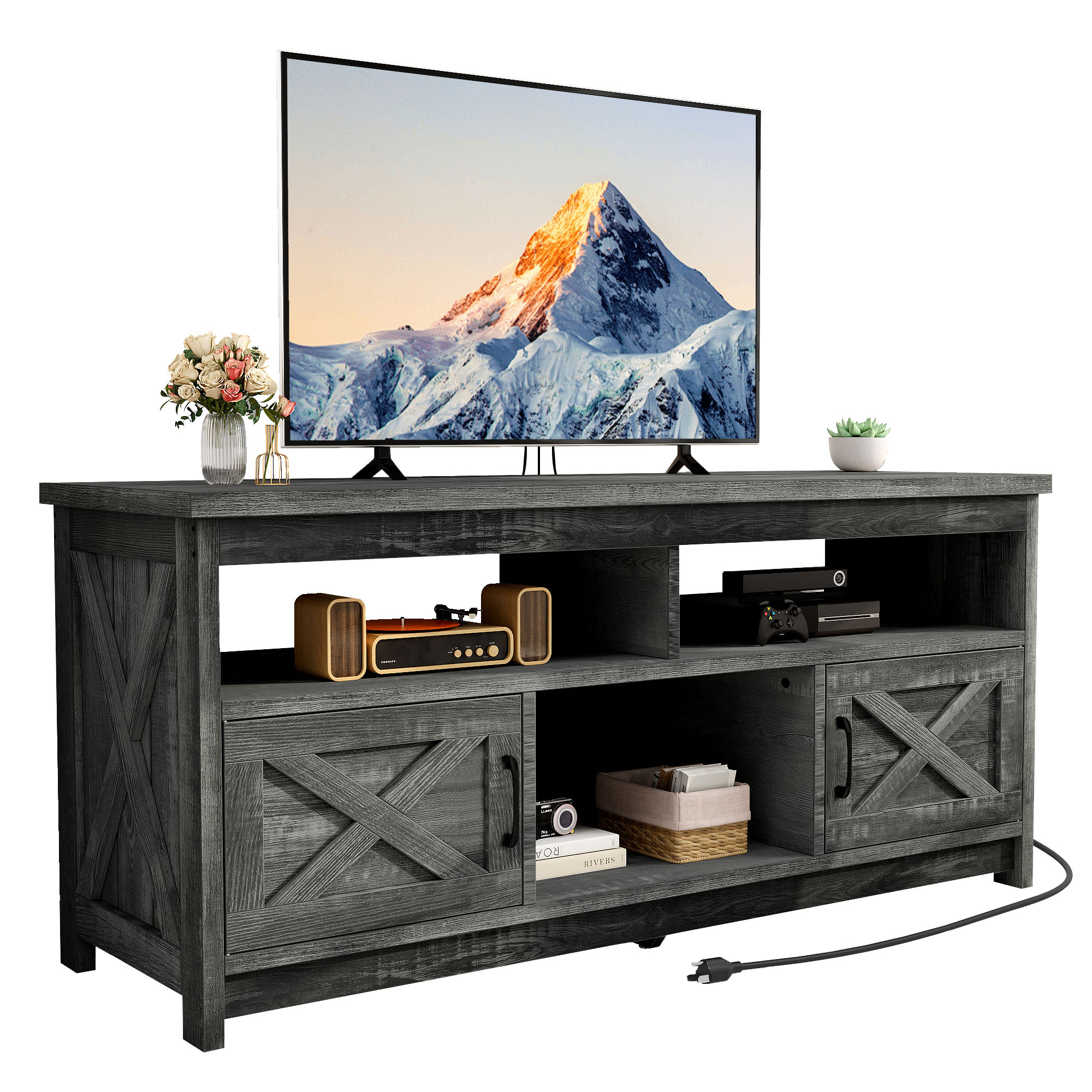 TV Stand for 50 to 65 Inch TVs Entertainment Center w/ Power Outlets Open Shelf - Picture 8 of 11