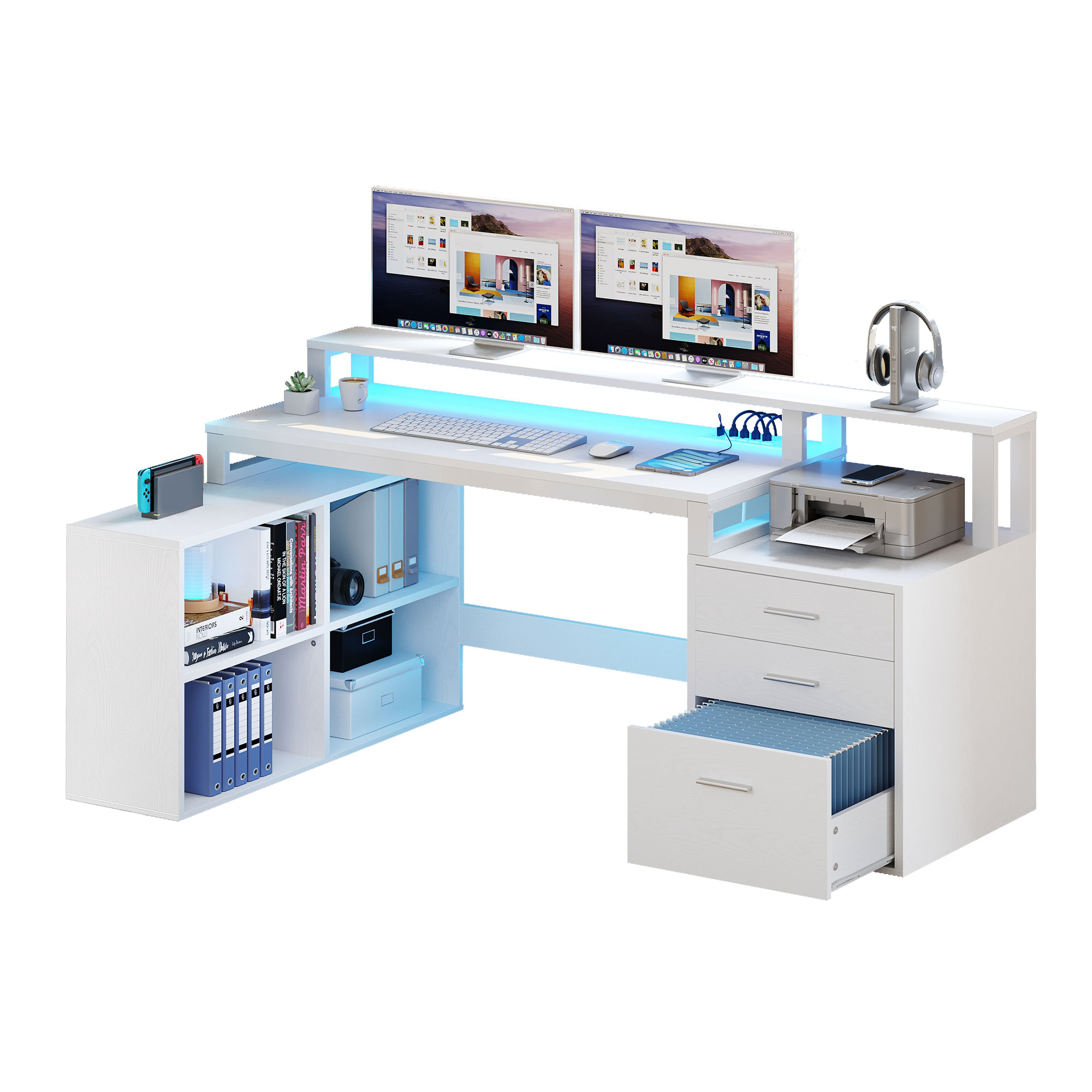 65" L Shaped Computer Desk with File Drawer Desk with Power Outlets & LED Lights - Picture 21 of 23
