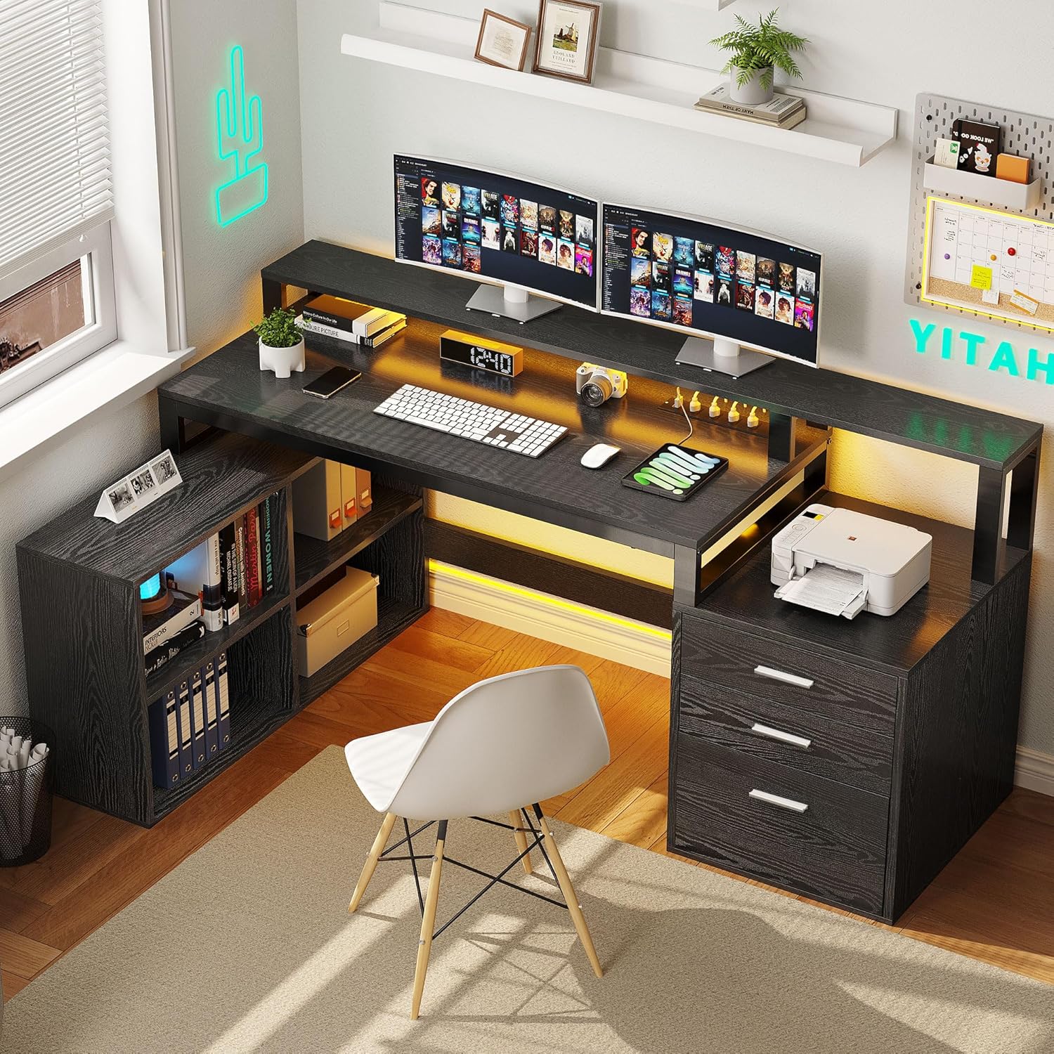 65" L Shaped Computer Desk with File Drawer Desk with Power Outlets & LED Lights - Picture 22 of 23