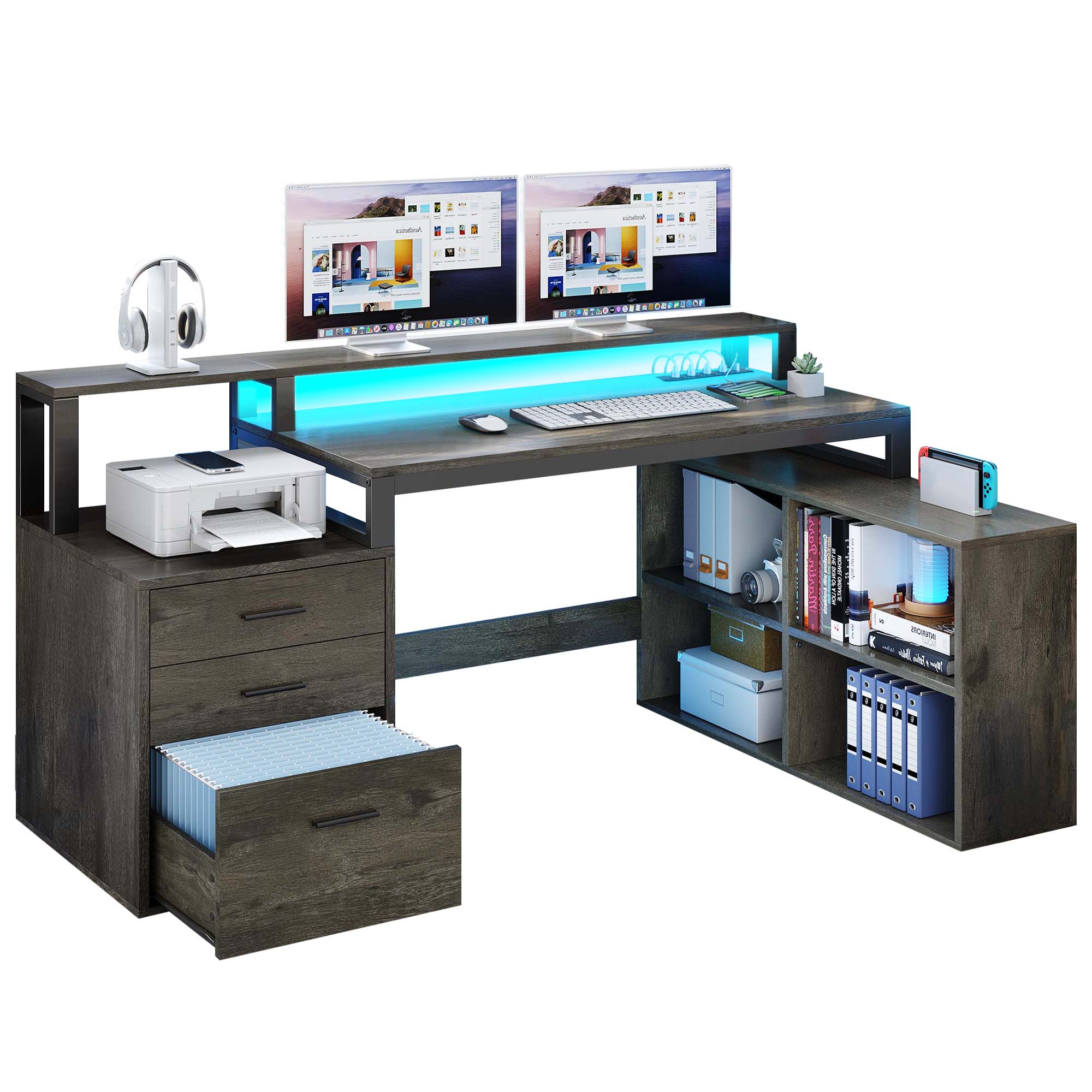 65" L Shaped Computer Desk with File Drawer Desk with Power Outlets & LED Lights - Picture 23 of 23