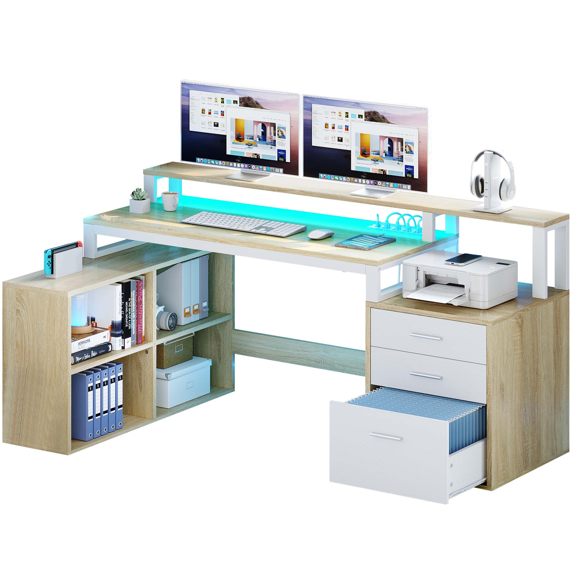 65" L Shaped Computer Desk with File Drawer Desk with Power Outlets & LED Lights - Picture 20 of 23