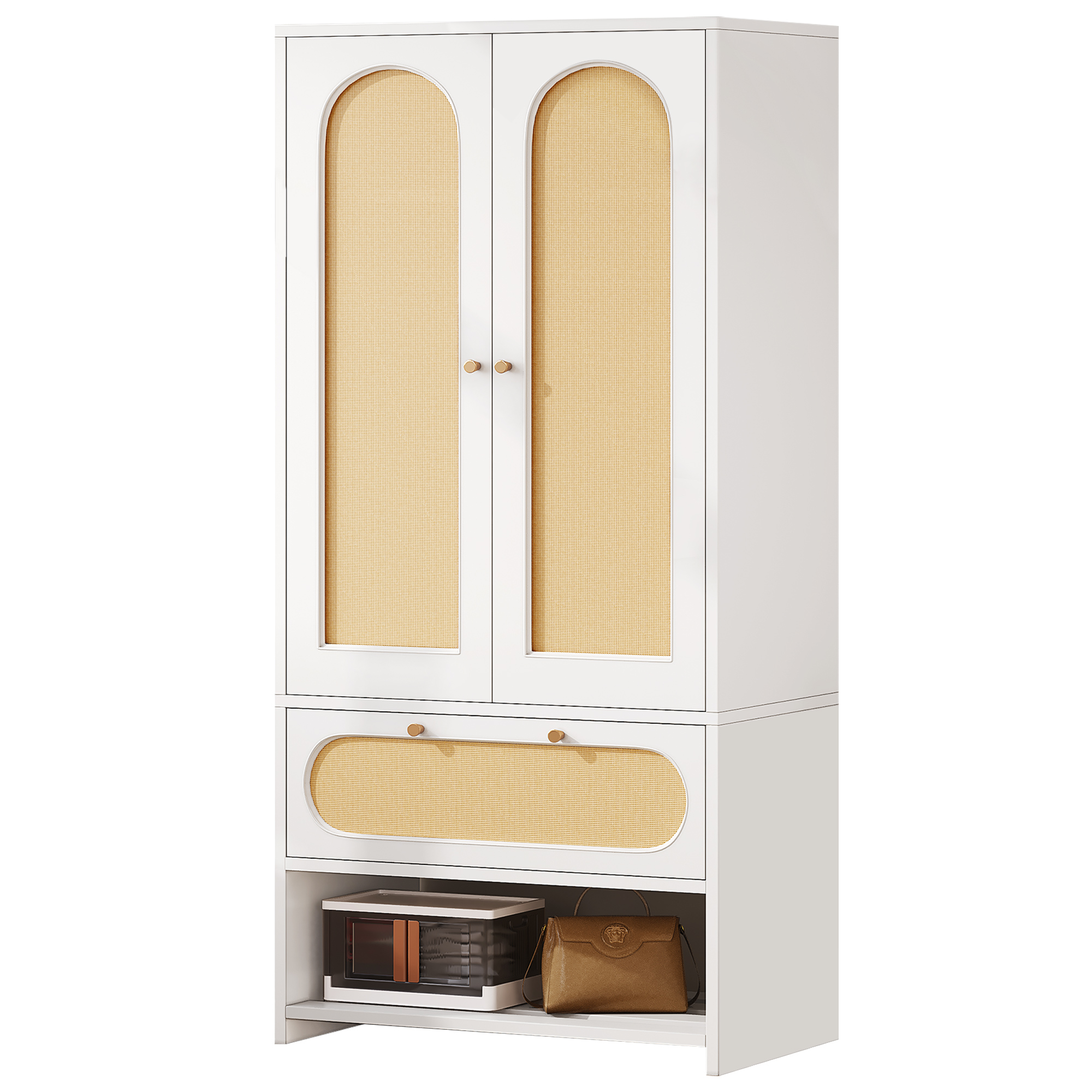 70" Bedroom Rattan Armoire Wardrobe Closet Drawers Hanging Rod Storage Cabinet - Picture 23 of 25