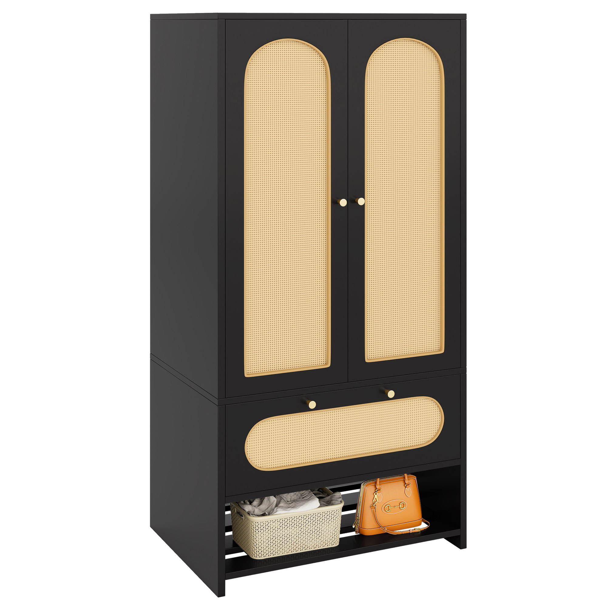 70" Bedroom Rattan Armoire Wardrobe Closet Drawers Hanging Rod Storage Cabinet - Picture 24 of 25