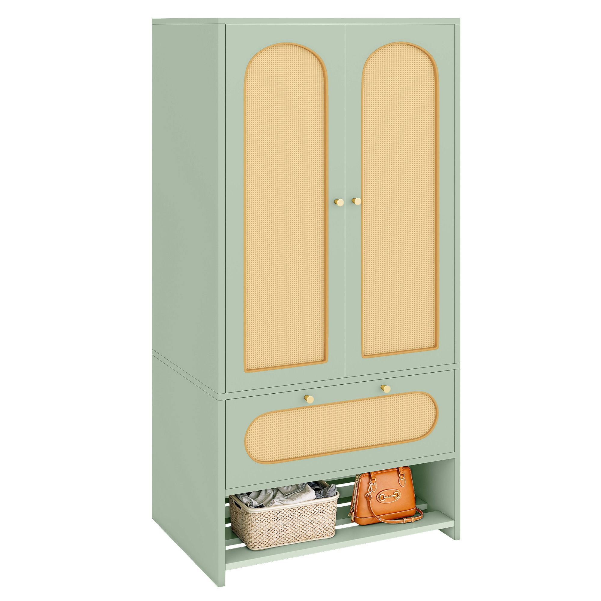 70" Bedroom Rattan Armoire Wardrobe Closet Drawers Hanging Rod Storage Cabinet - Picture 25 of 25