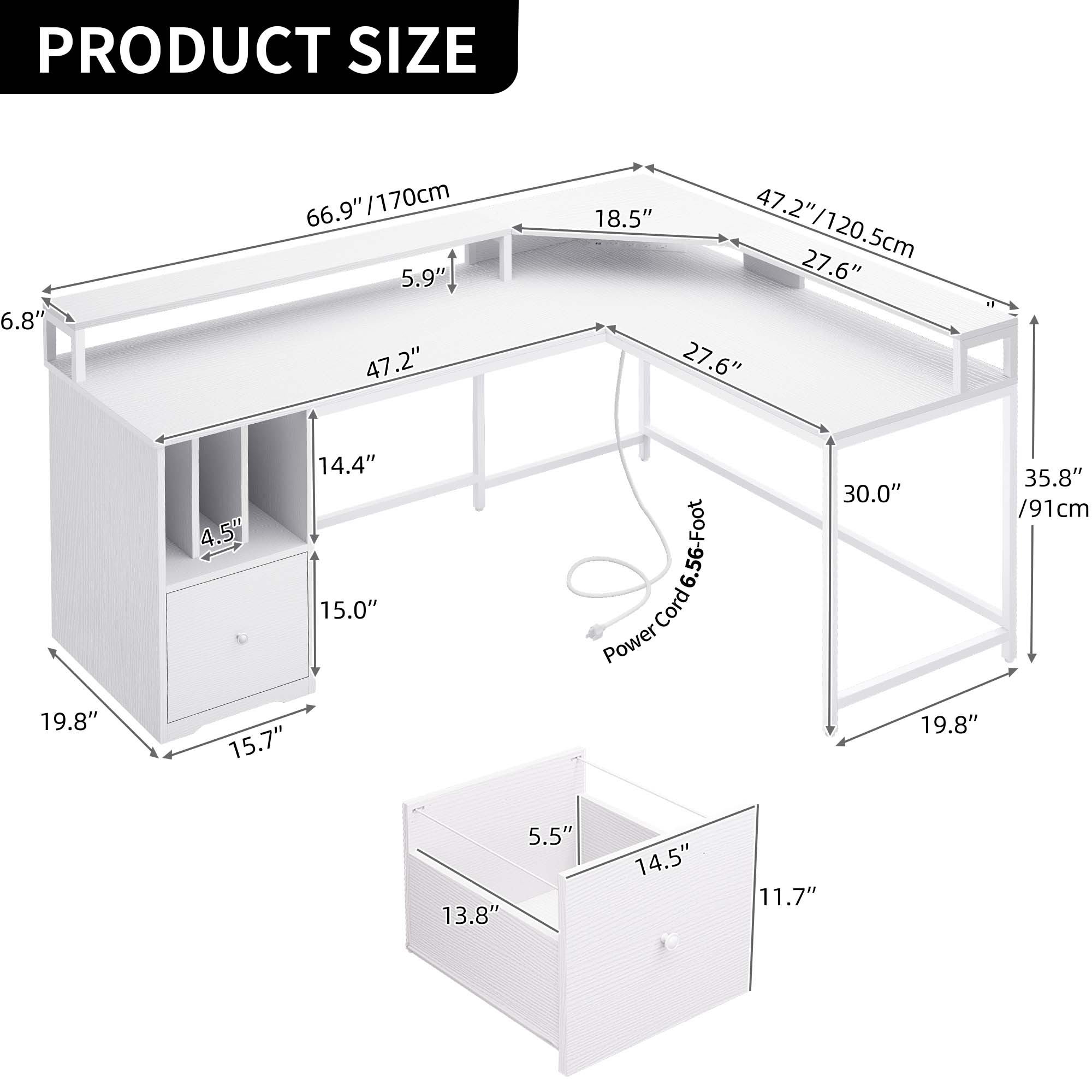 L Shaped Desk with Power Outlets & LED Lights 67" Computer Desk for Office Home - Picture 25 of 27