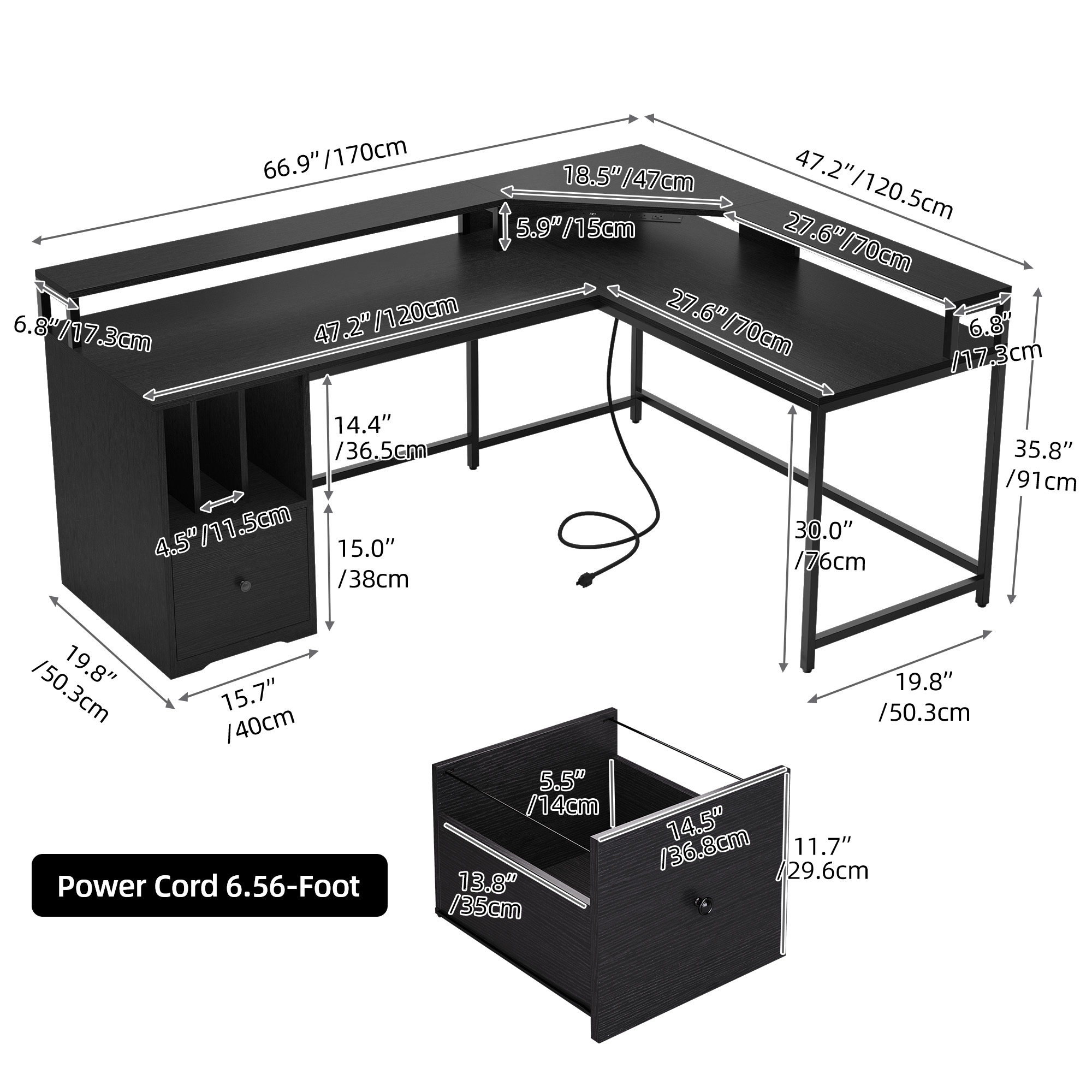 L Shaped Desk with Power Outlets & LED Lights 67" Computer Desk for Office Home - Picture 26 of 27