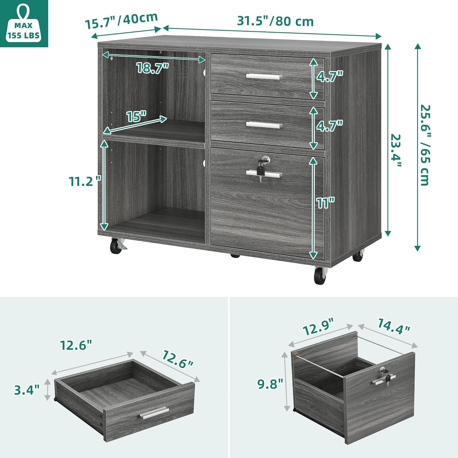 Mobile Filing Cabinet with 3 Drawers Rolling File Storage Cabinets Printer Table