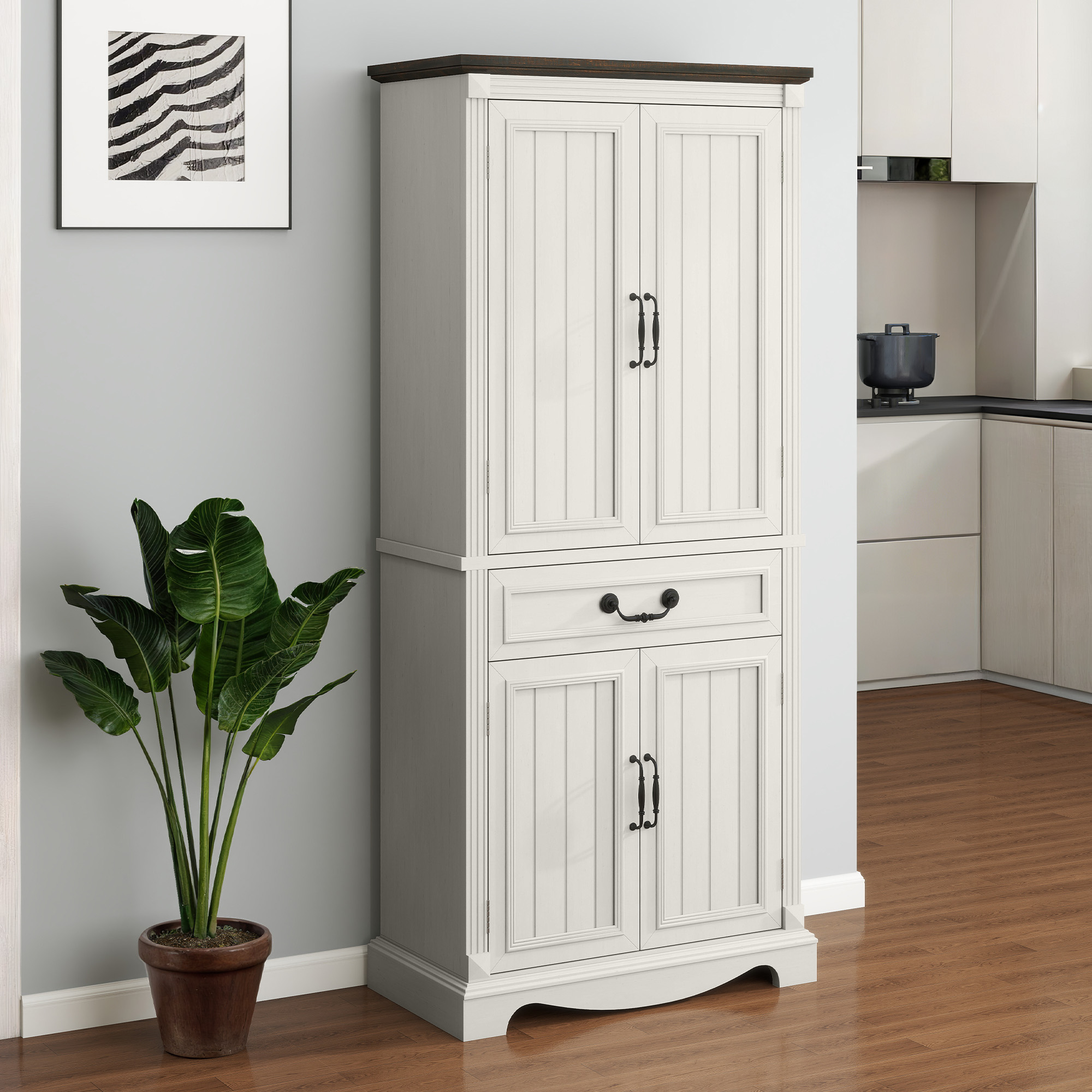 71" Tall Pantry Cabinet Storage Cabinet w/ 4 Doors & Drawer & Adjustable Shelves