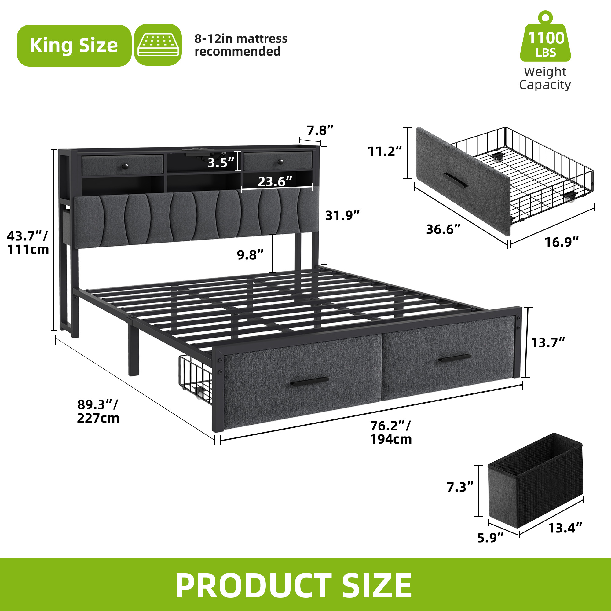 Full/Queen/King Linen Upholstered with Headboard Bed Frame w/2 Storage Drawers - Picture 21 of 21