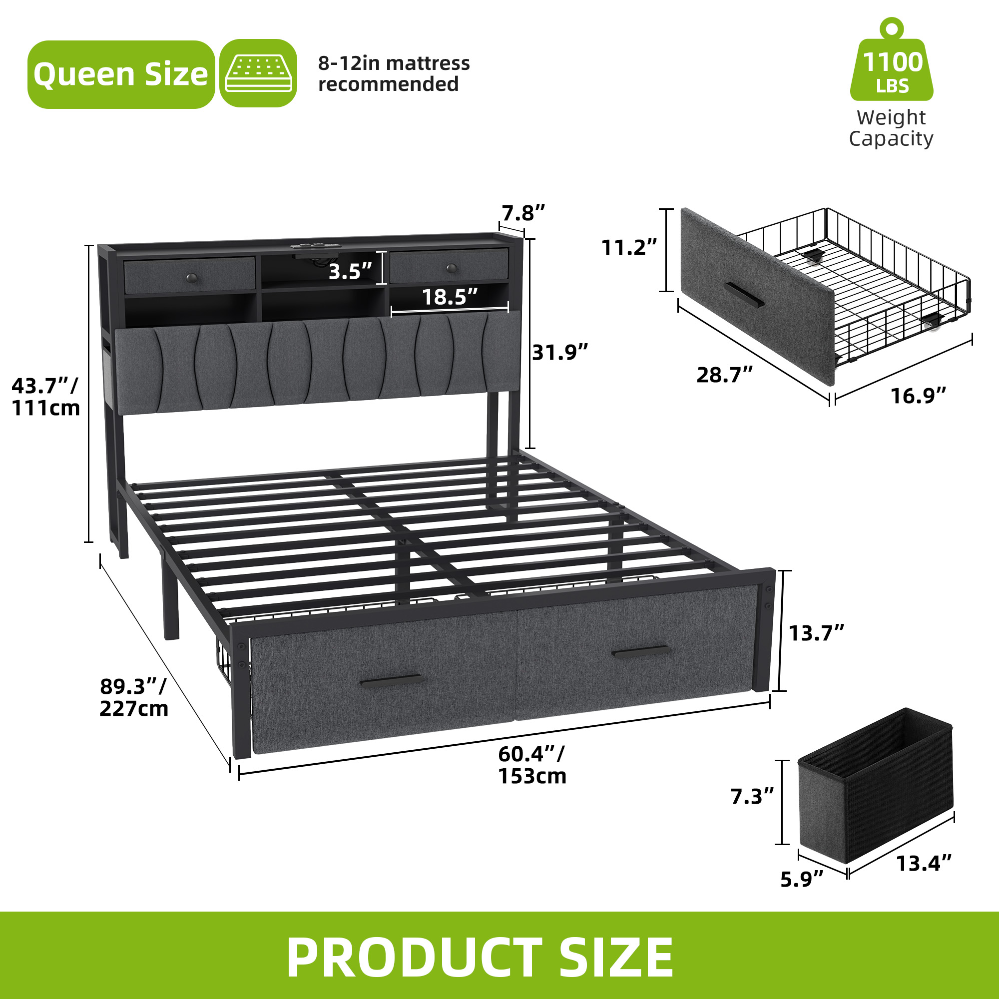 Full/Queen/King Linen Upholstered with Headboard Bed Frame w/2 Storage Drawers - Picture 20 of 21