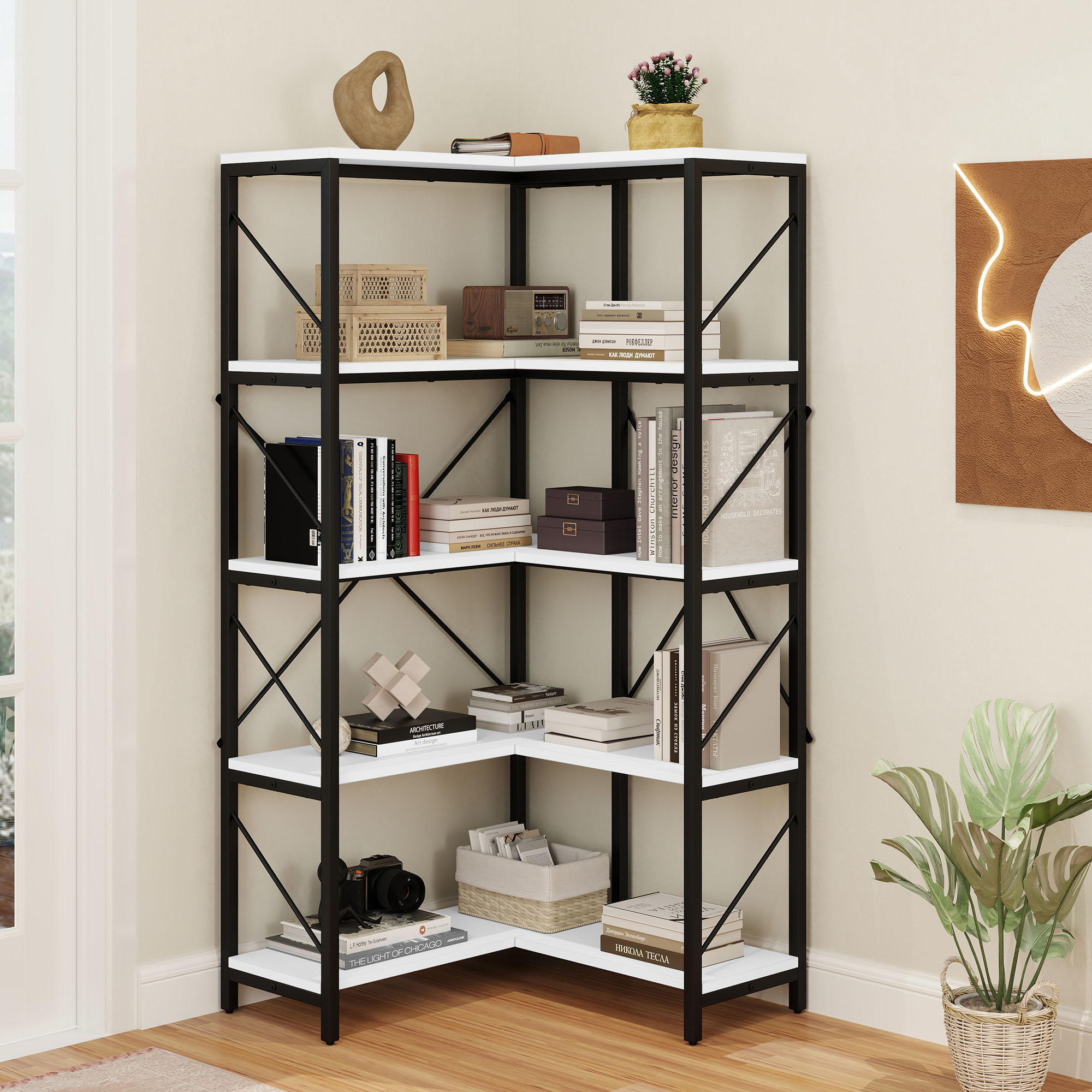 Corner Bookshelf 5-Tier L-Shaped Bookcase Storage Organizer Open Display Rack - Picture 38 of 51