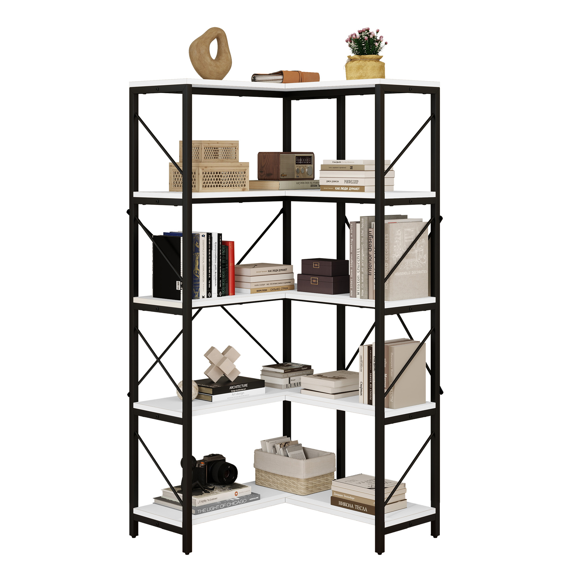 Corner Bookshelf 5-Tier L-Shaped Bookcase Storage Organizer Open Display Rack - Picture 39 of 51