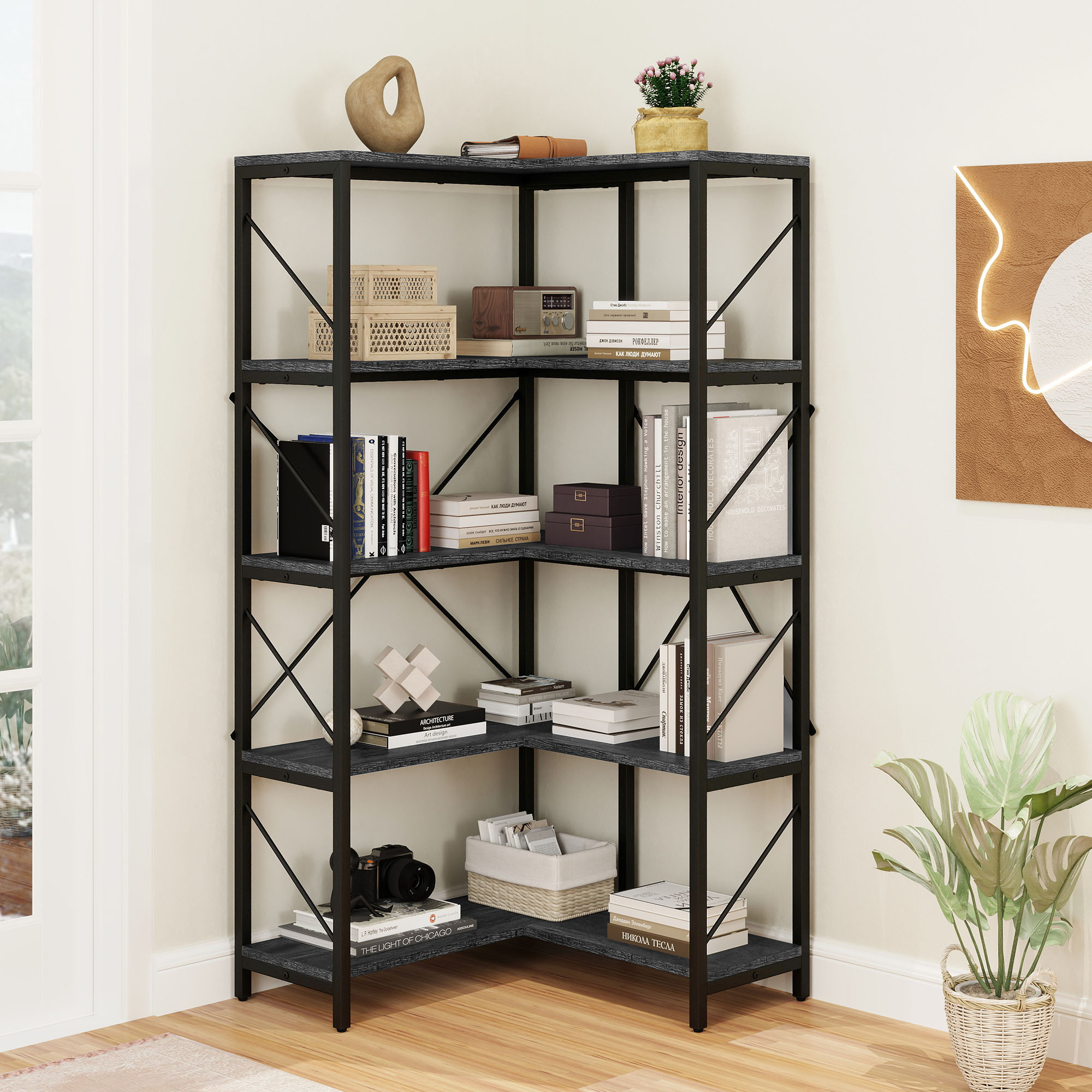 Corner Bookshelf 5-Tier L-Shaped Bookcase Storage Organizer Open Display Rack - Picture 47 of 51