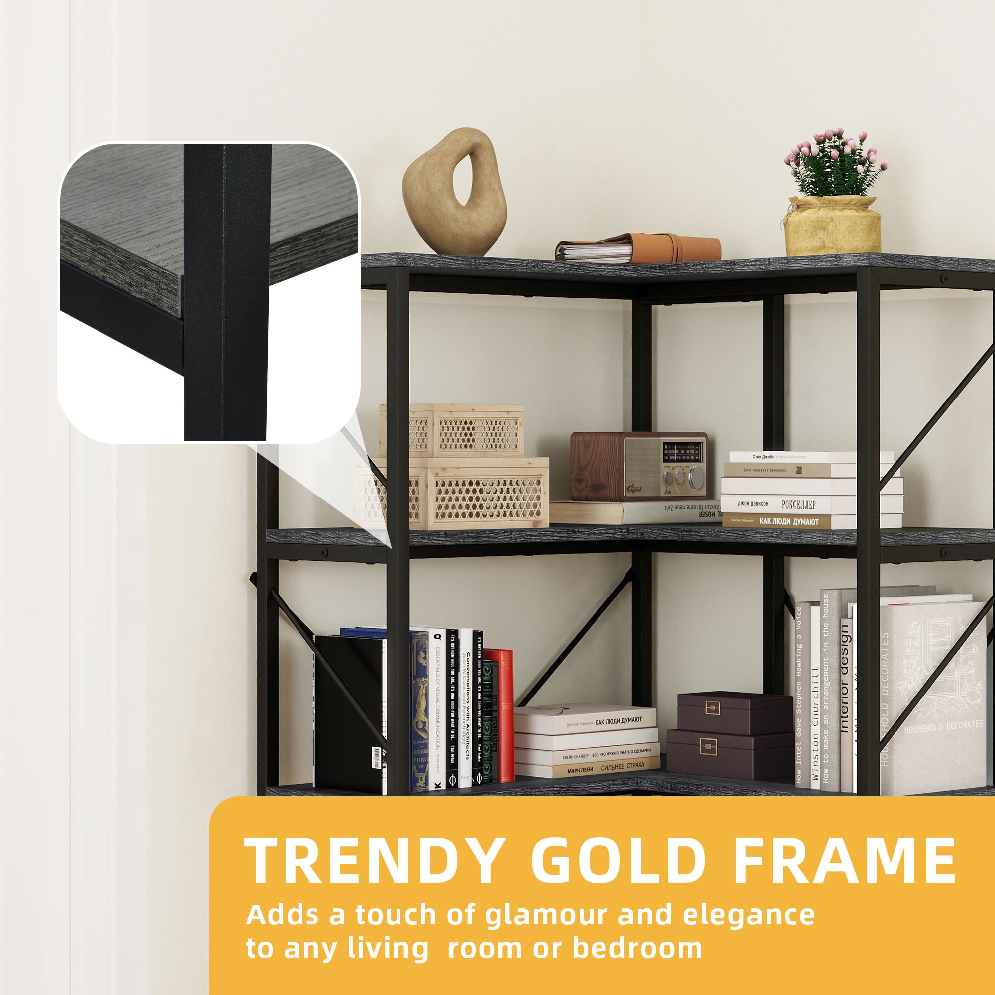 Corner Bookshelf 5-Tier L-Shaped Bookcase Storage Organizer Open Display Rack - Picture 50 of 51