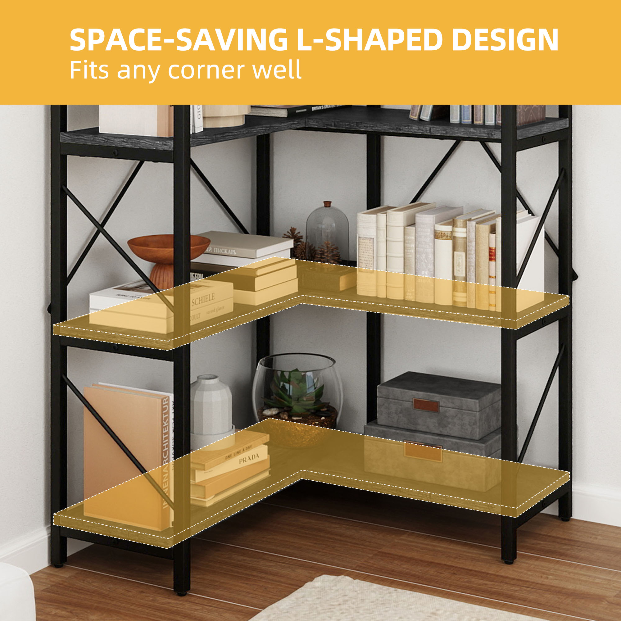 Corner Bookshelf 5-Tier L-Shaped Bookcase Storage Organizer Open Display Rack - Picture 49 of 51