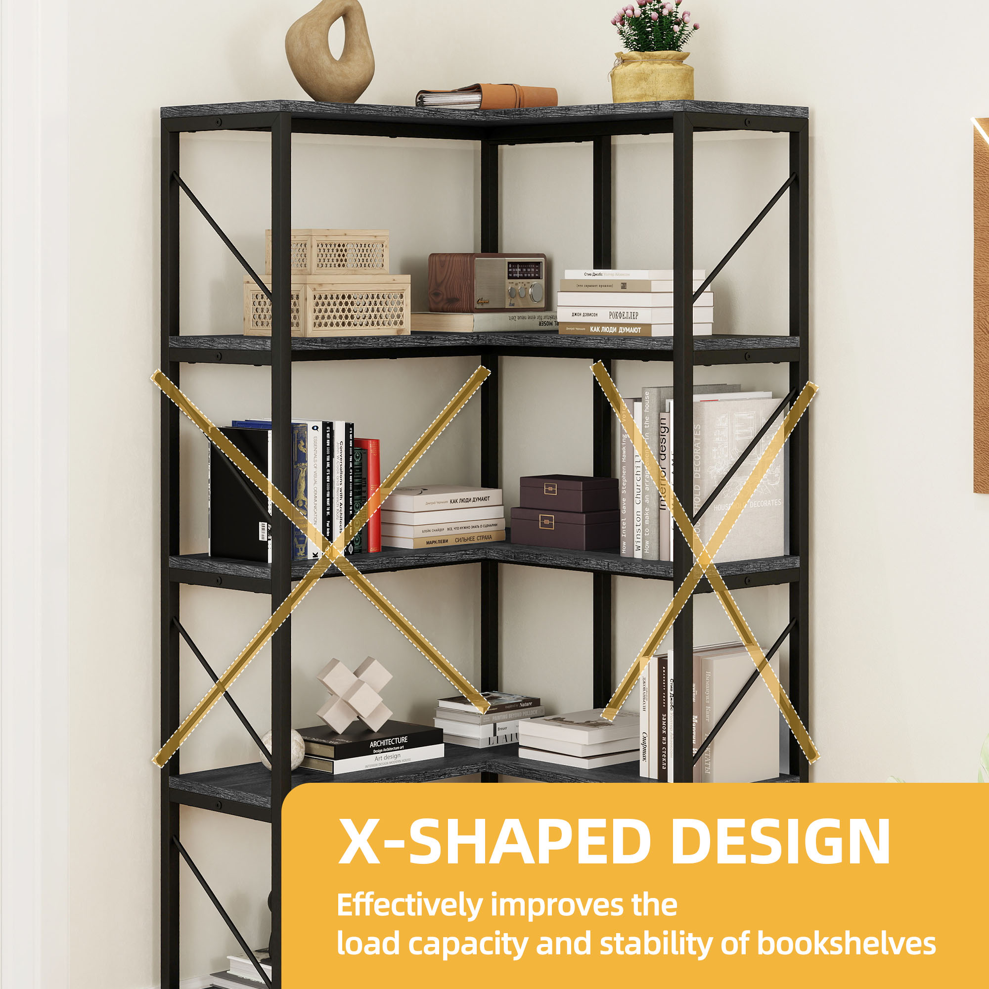Corner Bookshelf 5-Tier L-Shaped Bookcase Storage Organizer Open Display Rack - Picture 48 of 51