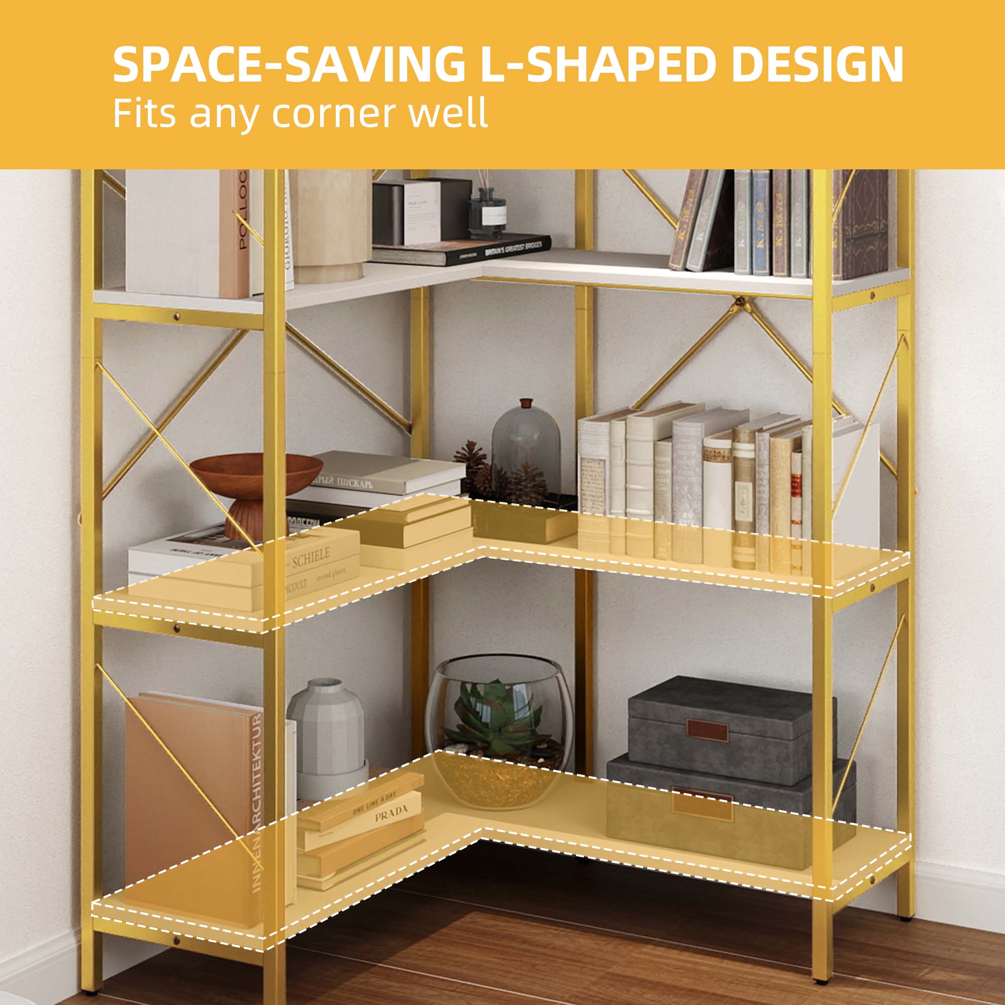 Corner Bookshelf 5-Tier L-Shaped Bookcase Storage Organizer Open Display Rack - Picture 33 of 51