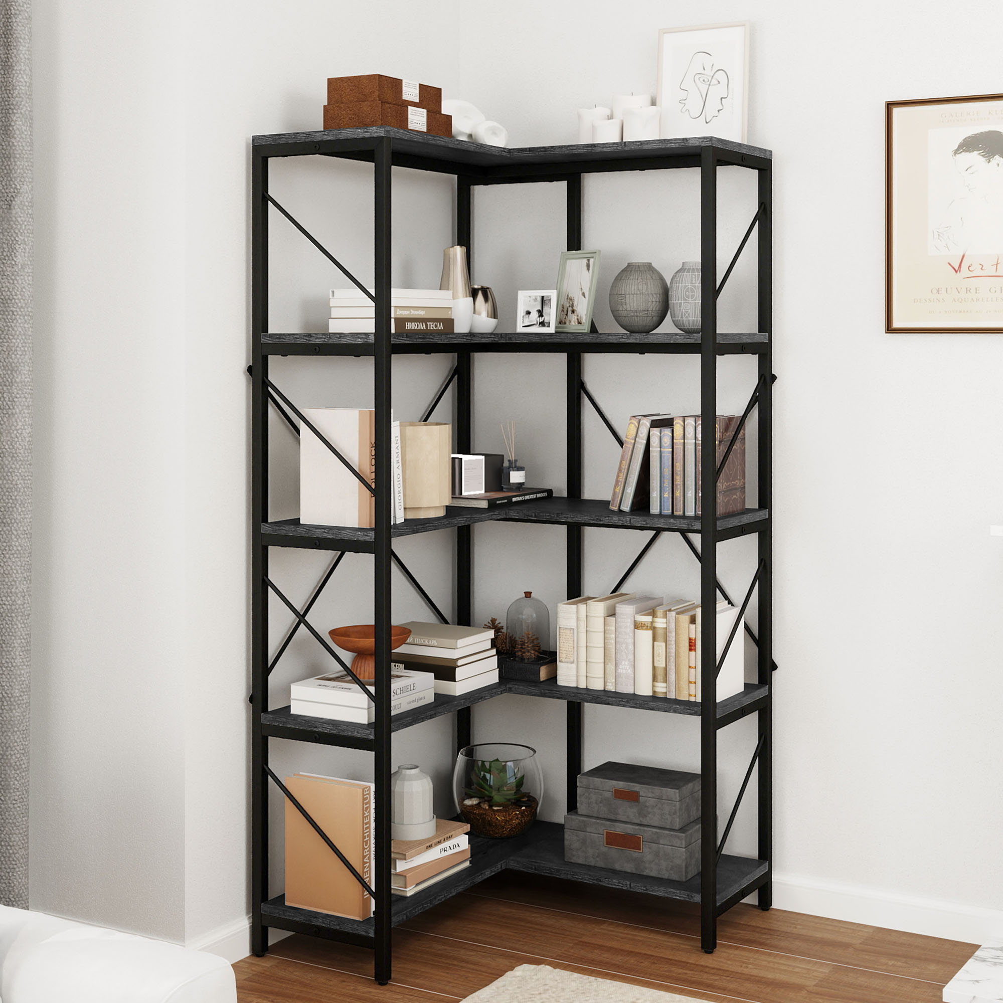 Corner Bookshelf 5-Tier L-Shaped Bookcase Storage Organizer Open Display Rack - Picture 46 of 51