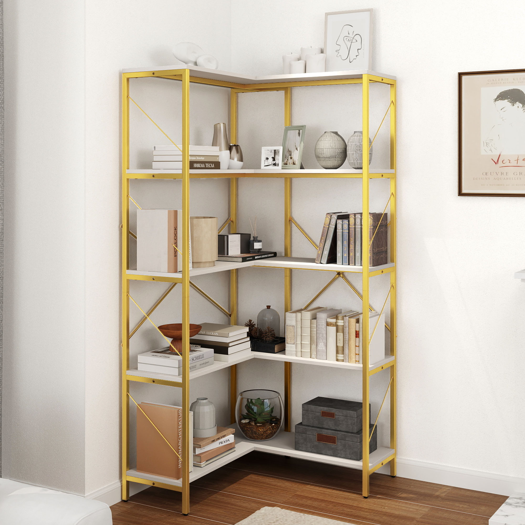 Corner Bookshelf 5-Tier L-Shaped Bookcase Storage Organizer Open Display Rack - Picture 29 of 51