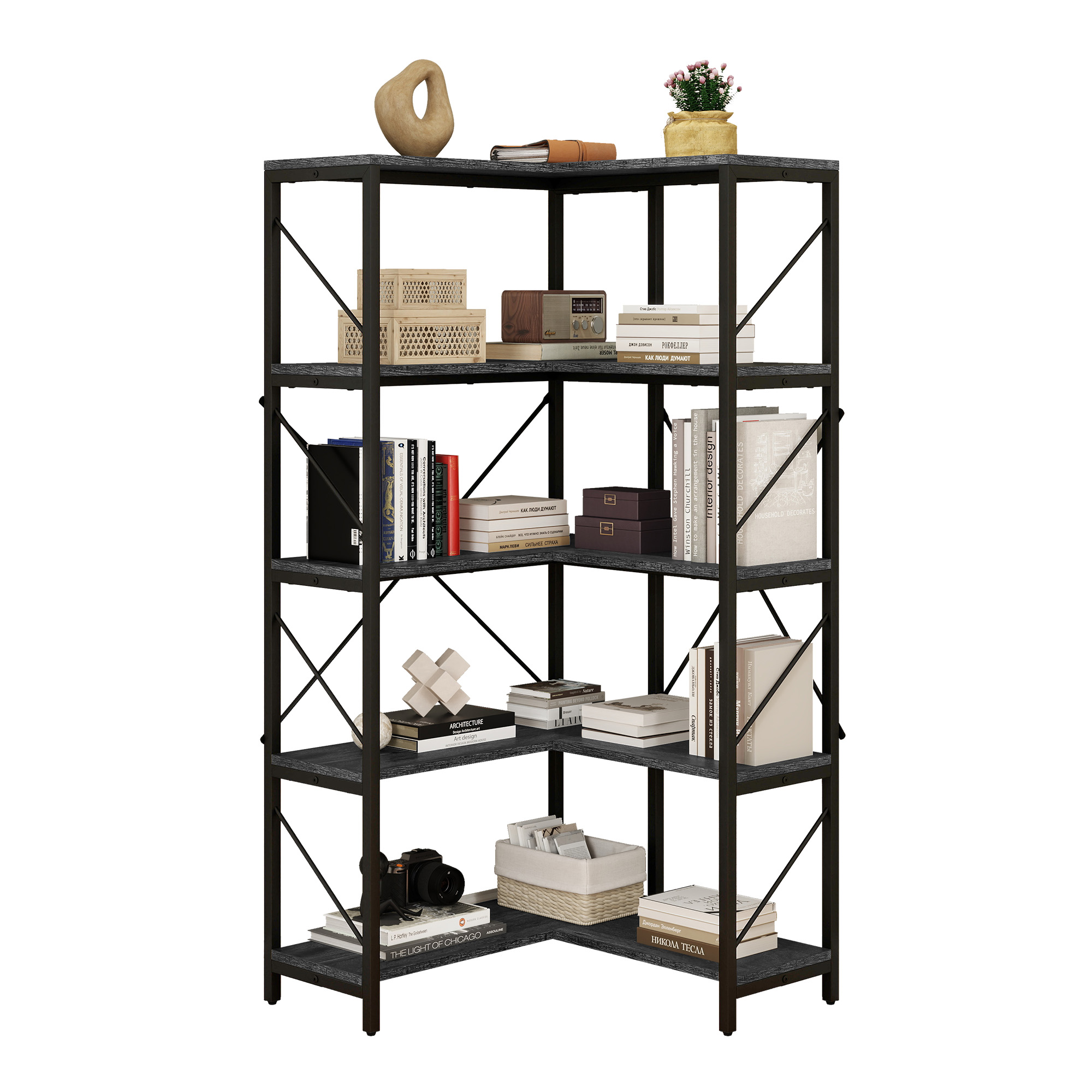 Corner Bookshelf 5-Tier L-Shaped Bookcase Storage Organizer Open Display Rack - Picture 45 of 51