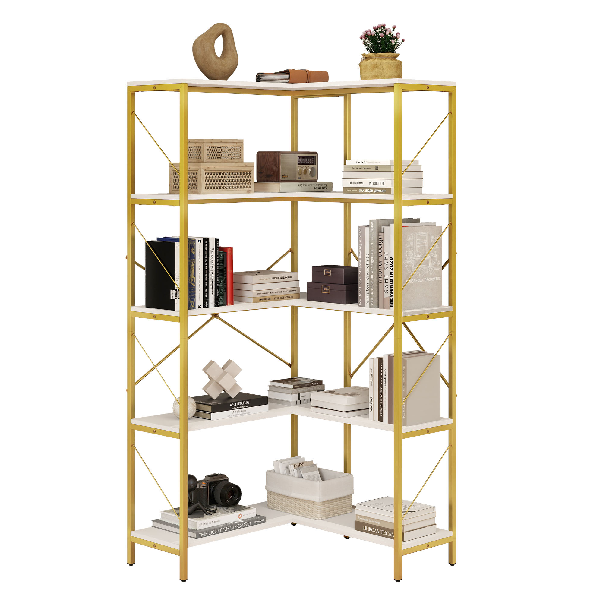 Corner Bookshelf 5-Tier L-Shaped Bookcase Storage Organizer Open Display Rack - Picture 31 of 51