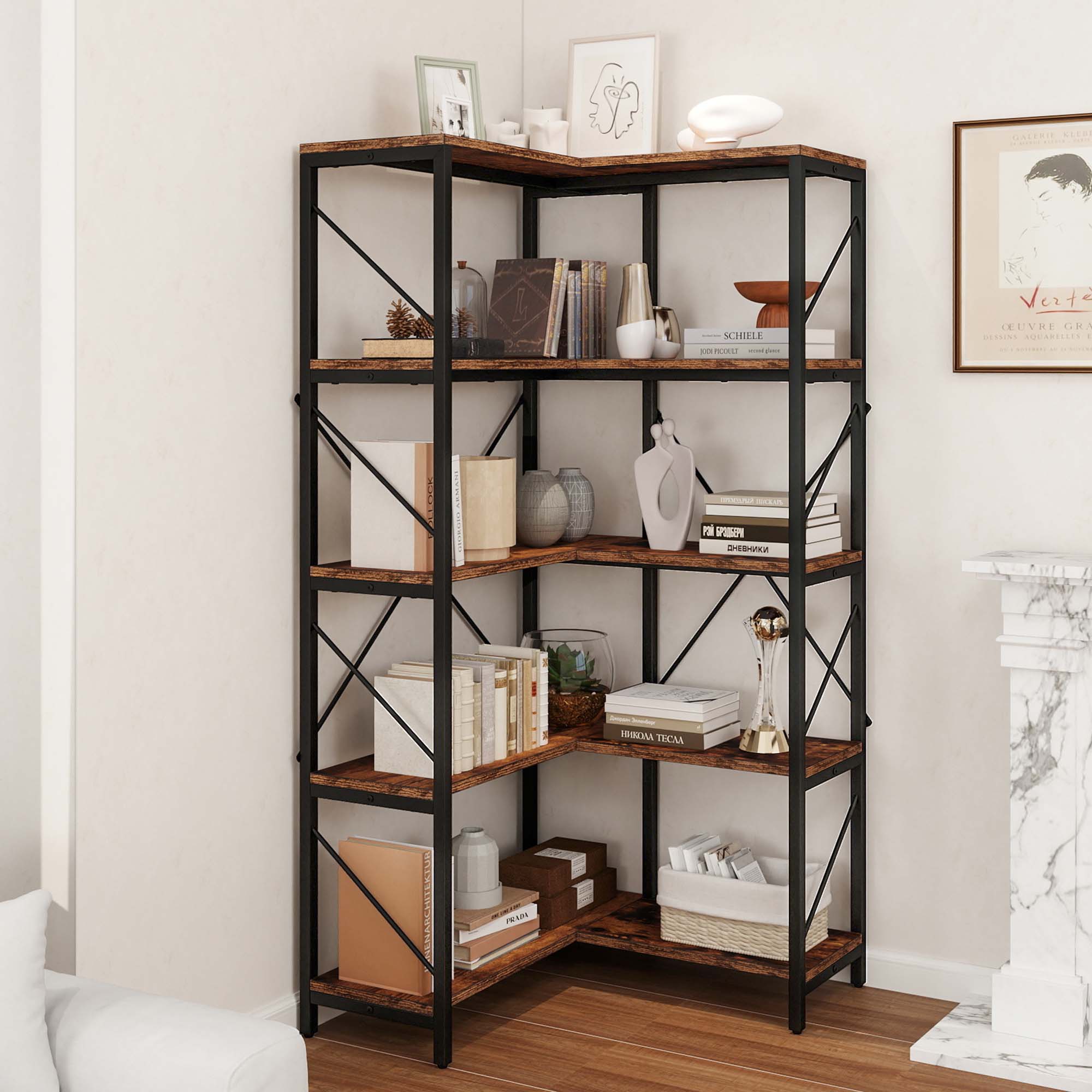 Corner Bookshelf 5-Tier L-Shaped Bookcase Storage Organizer Open Display Rack - Picture 22 of 51