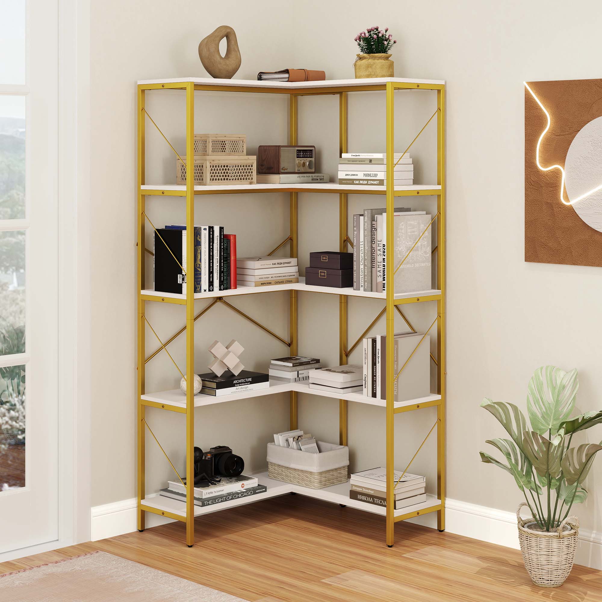 Corner Bookshelf 5-Tier L-Shaped Bookcase Storage Organizer Open Display Rack - Picture 30 of 51