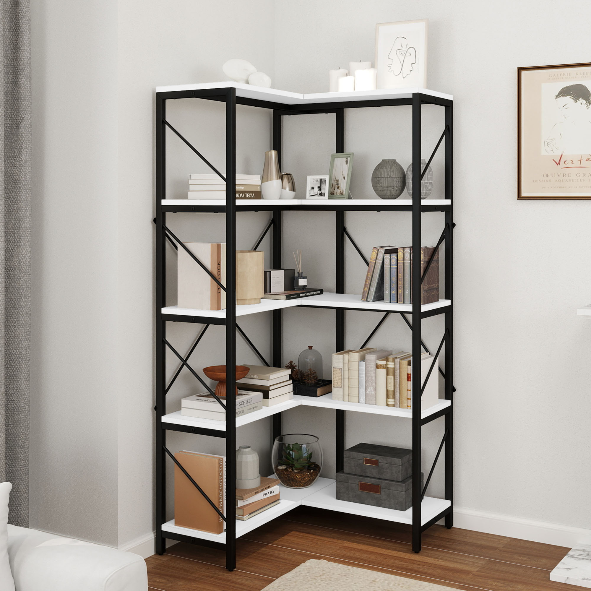 Corner Bookshelf 5-Tier L-Shaped Bookcase Storage Organizer Open Display Rack - Picture 37 of 51