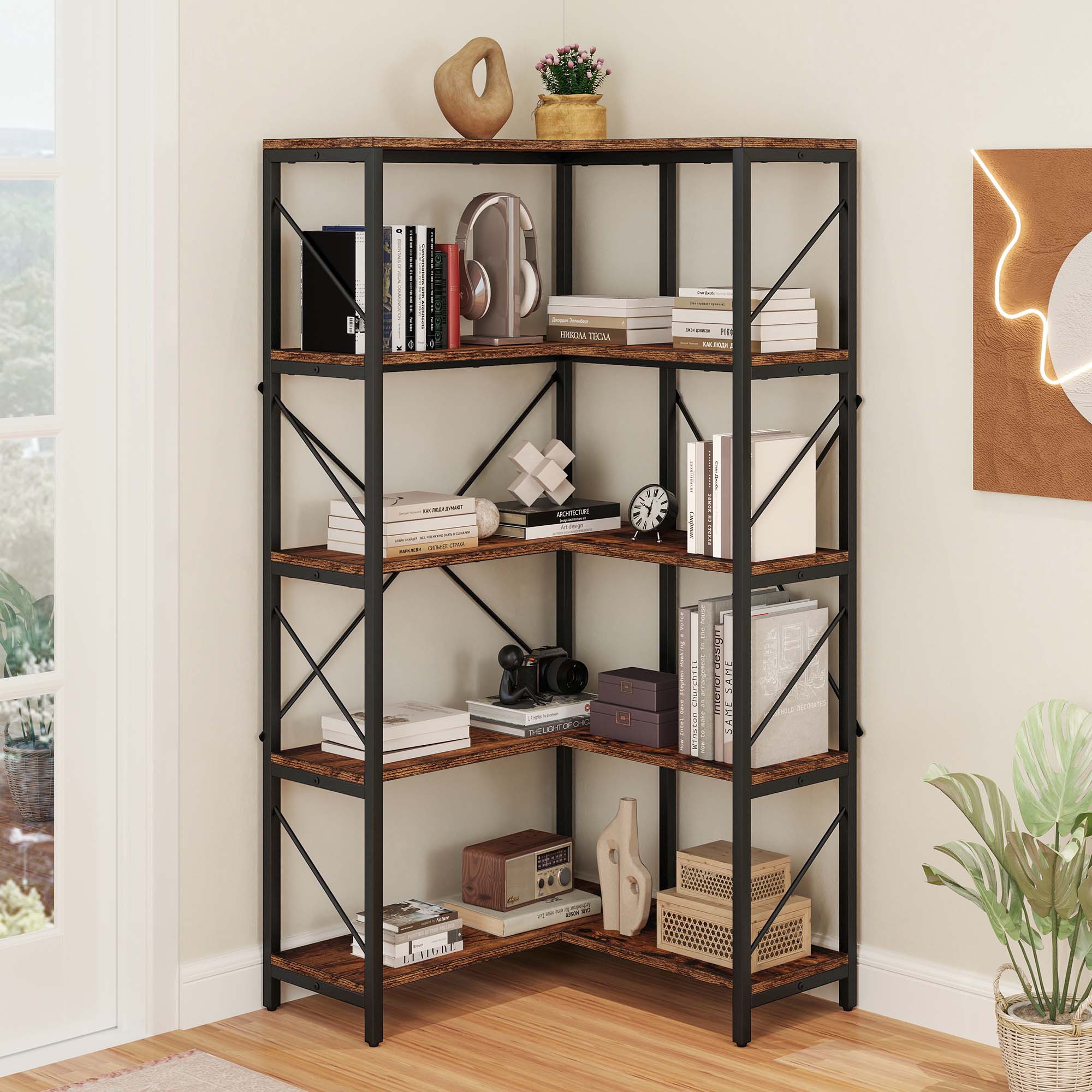 Corner Bookshelf 5-Tier L-Shaped Bookcase Storage Organizer Open Display Rack - Picture 23 of 51