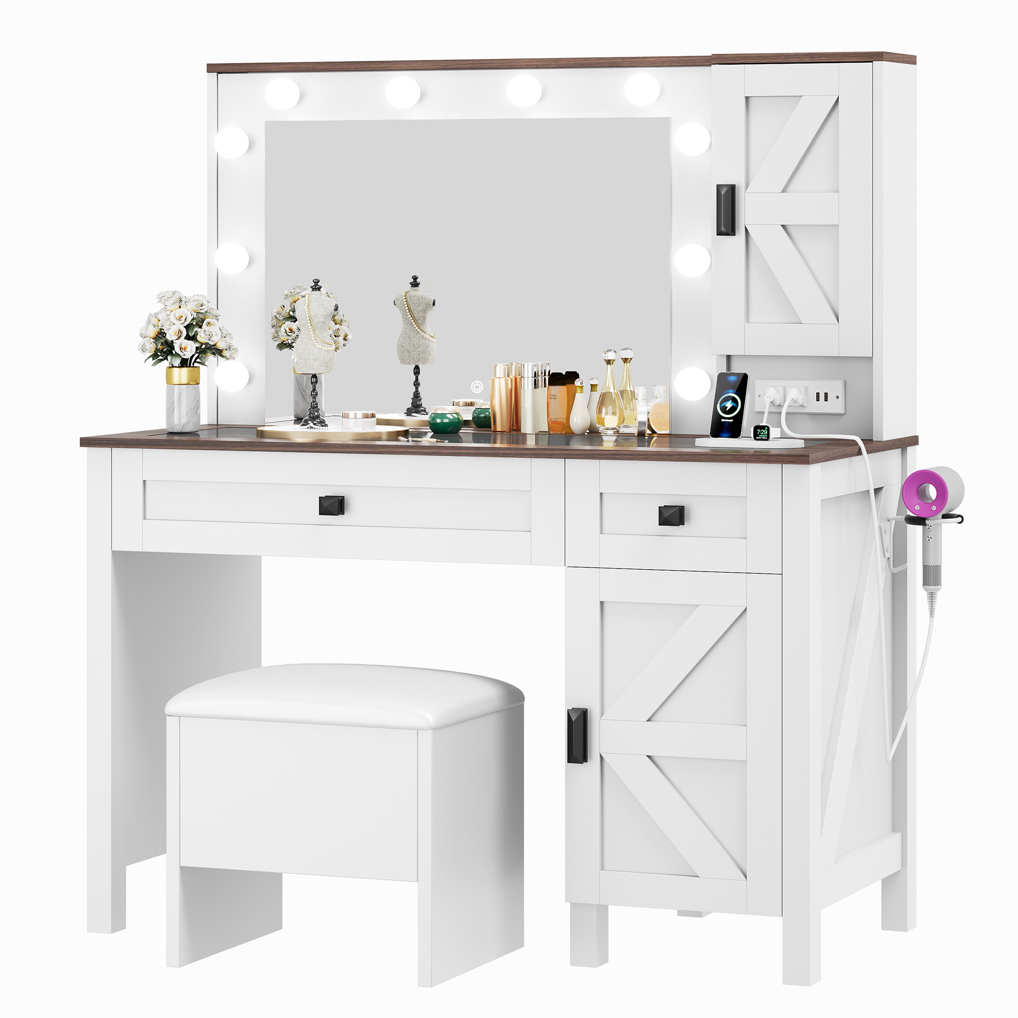 Farmhouse Makeup Vanity Desk Set With Lights Mirror w/Glass Top Charging Station - Picture 18 of 20
