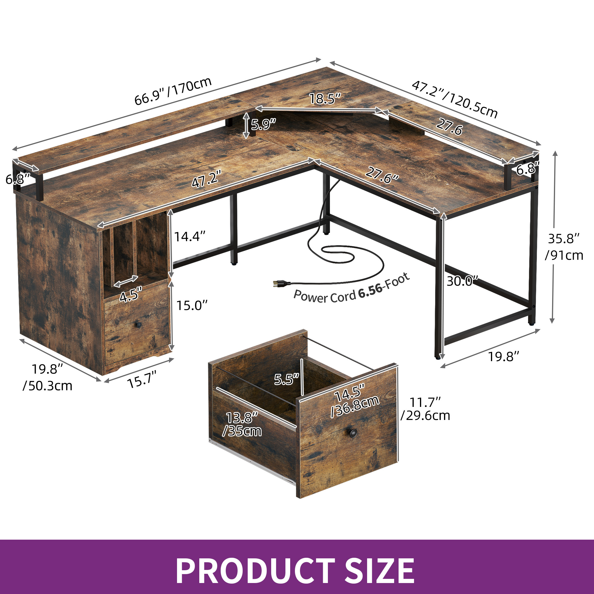 L Shaped Desk with Power Outlets & LED Lights 67" Computer Desk for Office Home - Picture 24 of 27