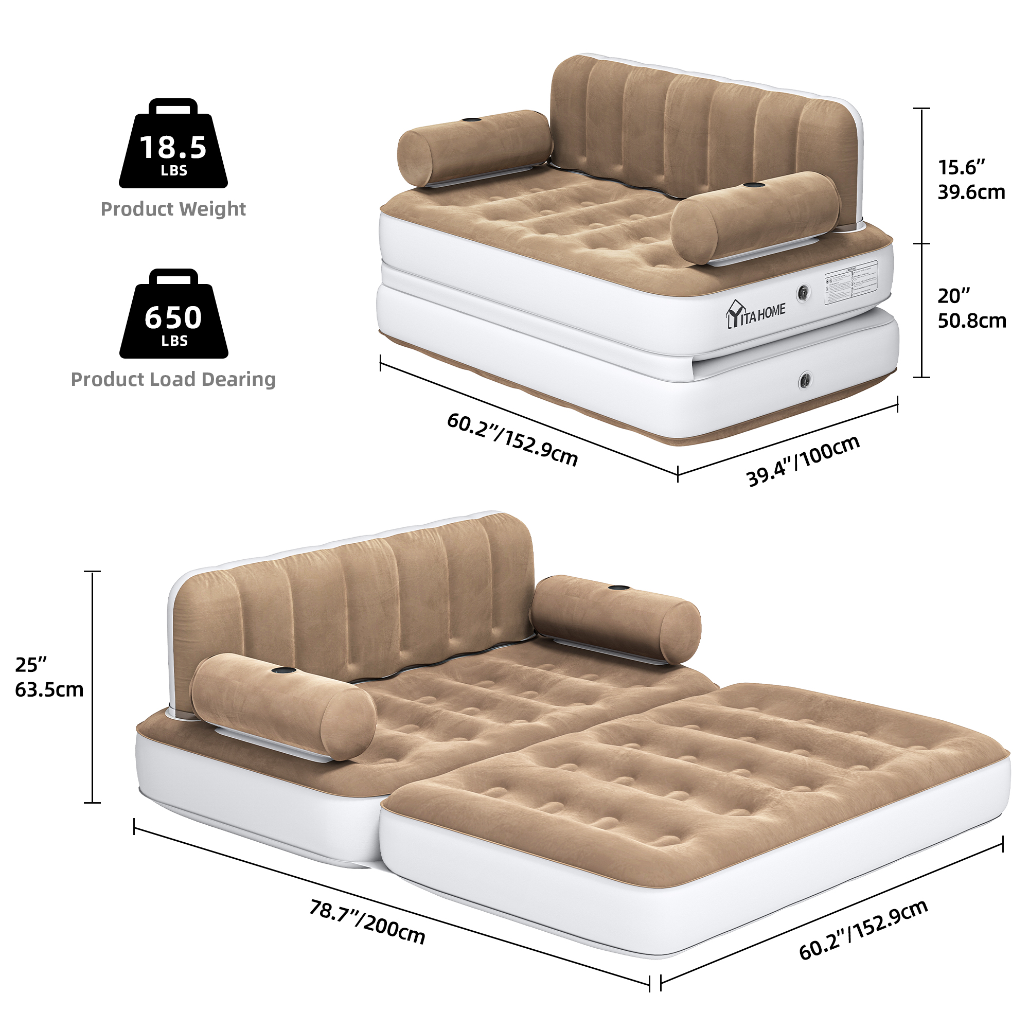 TAUS Queen Air Sofa Bed Mattress w/Headboard&Pump Inflatable Couch Blow Up Bed - Picture 10 of 13