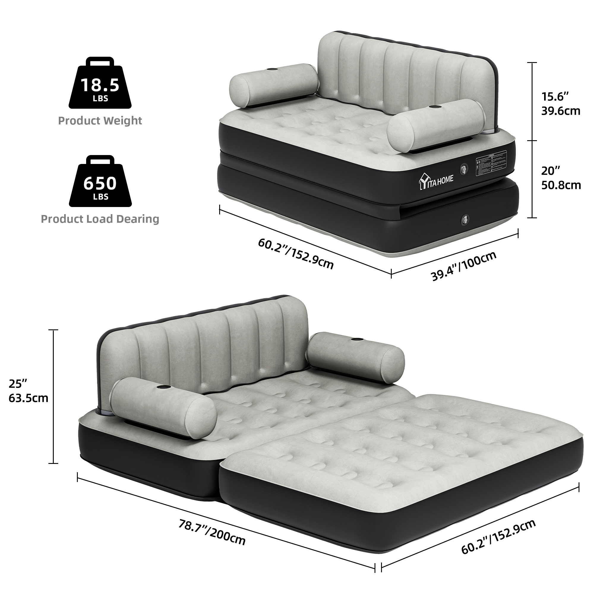 TAUS Queen Air Sofa Bed Mattress w/Headboard&Pump Inflatable Couch Blow Up Bed - Picture 12 of 13