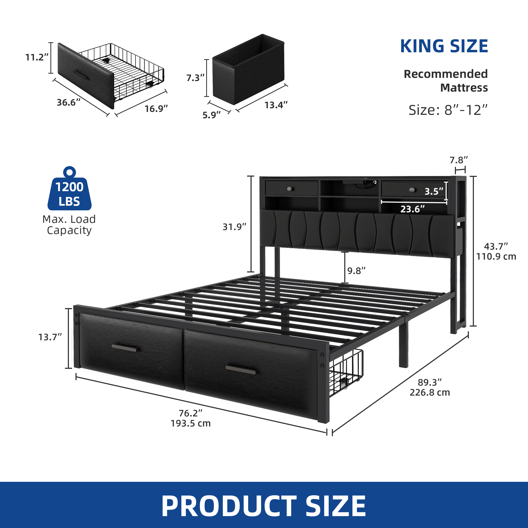 Full/Queen/King Size Upholstered Platform Bed Frame with Storage Headboard & LED - Picture 25 of 26