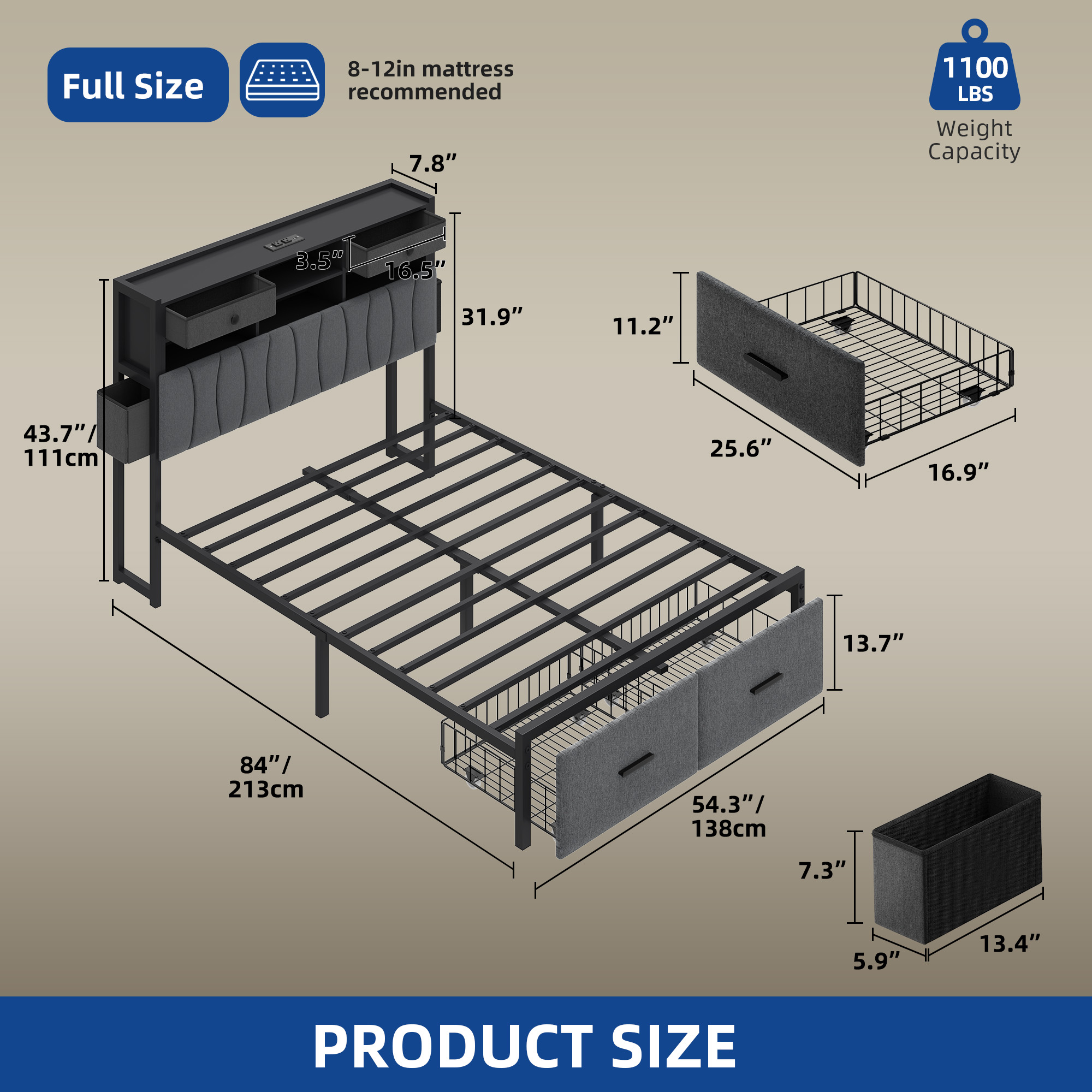 Full/Queen/King Size Upholstered Platform Bed Frame with Storage Headboard & LED - Picture 26 of 26
