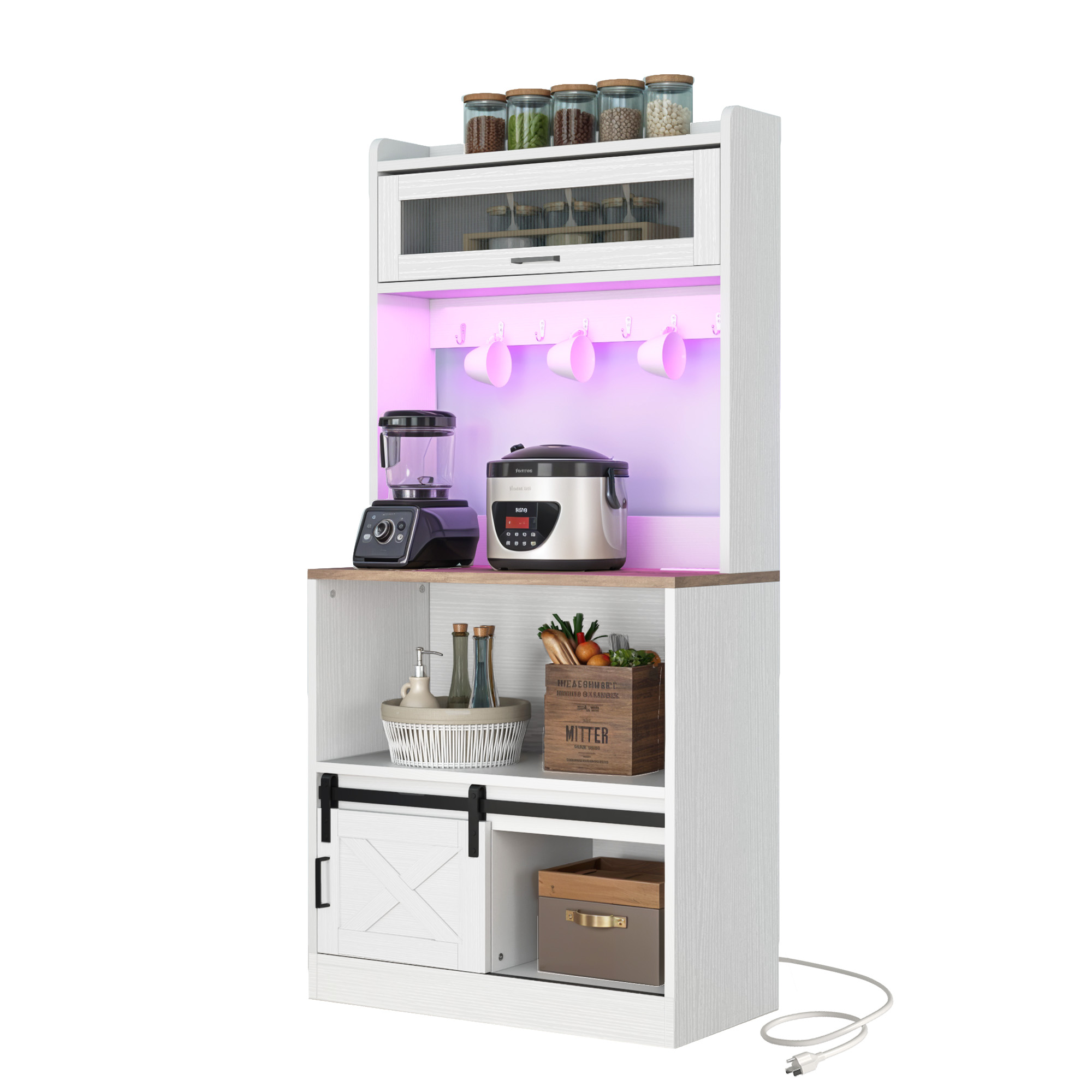 5-Tier Kitchen Bakers Rack Coffee Bar Cabinet with Power Outlet and LED Lights - Picture 11 of 12