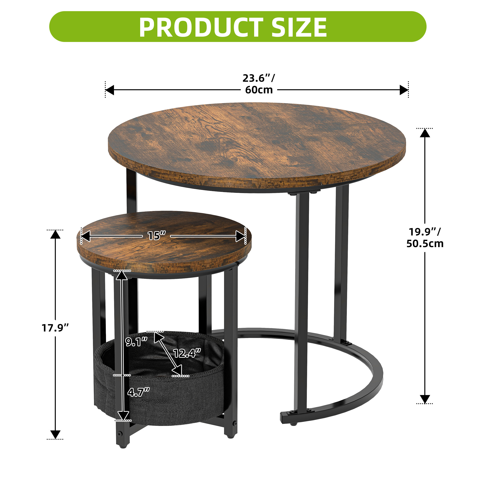 Nest of Tables Set of 2 with Storage Round Coffee Side Table for living room